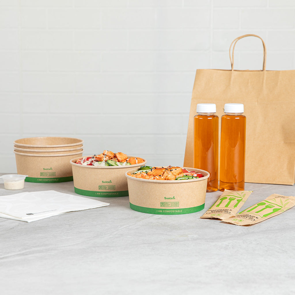 Sustain 37 oz Round Kraft Paper Take Out Container - Compostable - 6 1/2" x 6 1/2" x 2 1/2" - 50 count box