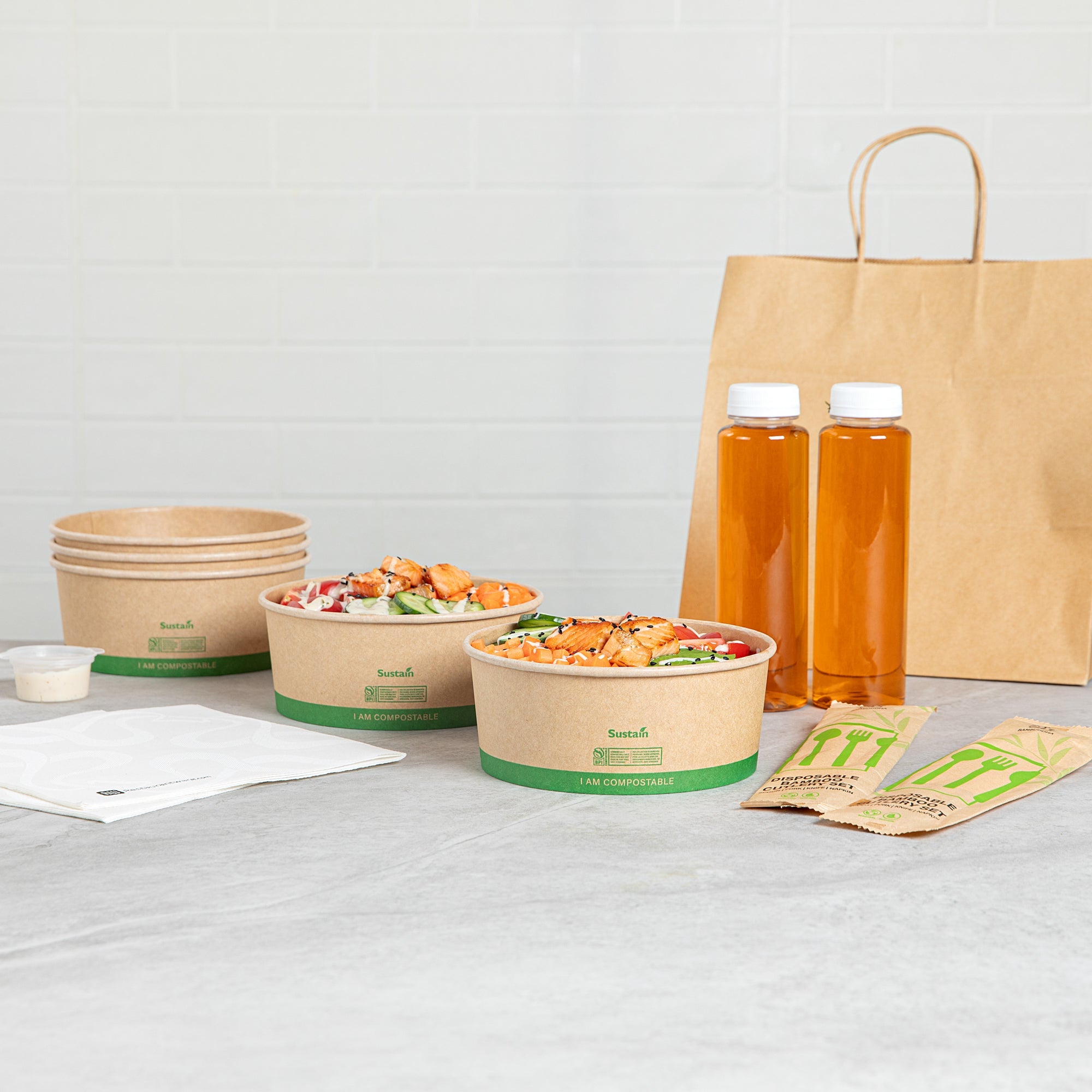 Sustain 37 oz Round Kraft Paper Take Out Container - Compostable - 6 1/2" x 6 1/2" x 2 1/2" - 50 count box