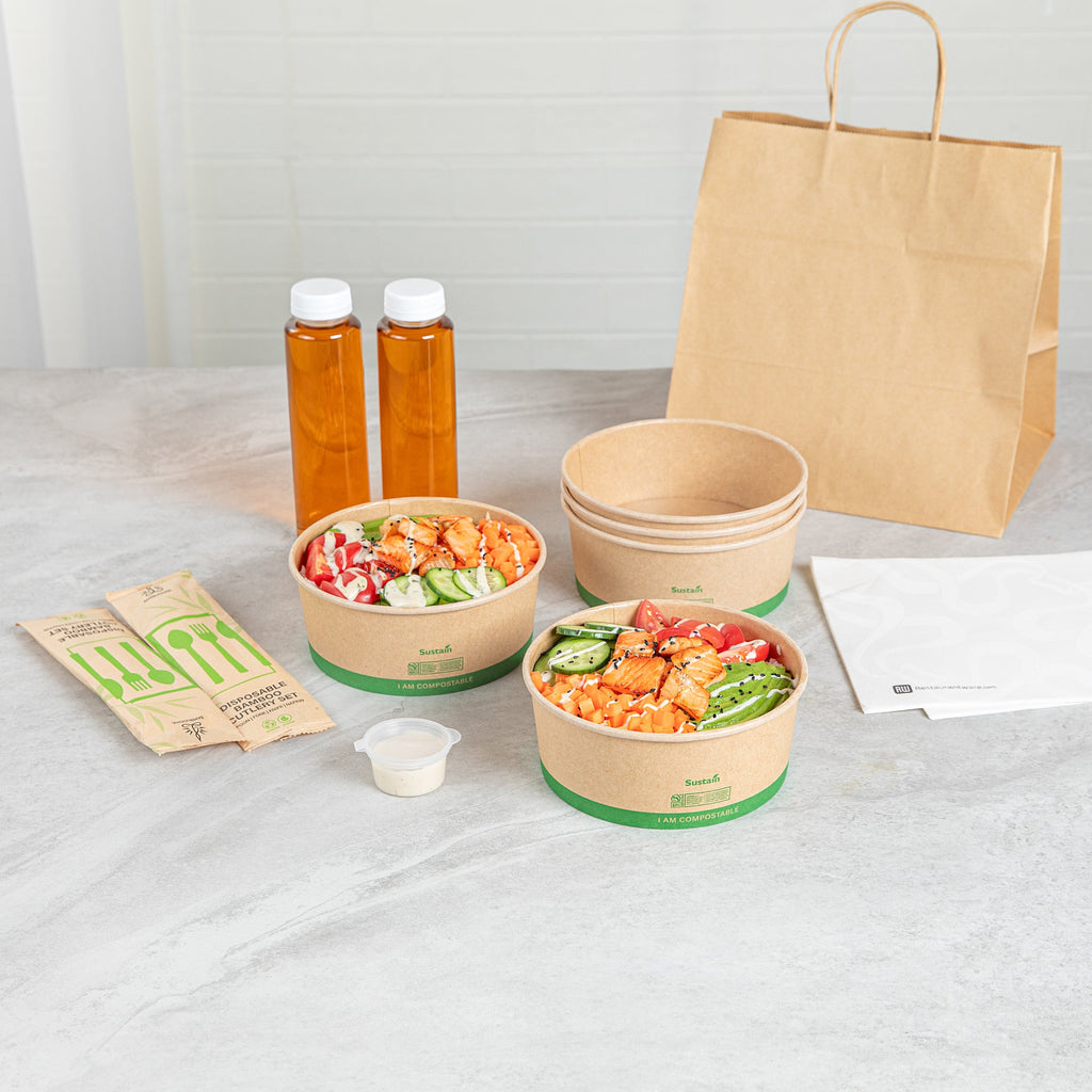 Sustain 37 oz Round Kraft Paper Take Out Container - Compostable - 6 1/2" x 6 1/2" x 2 1/2" - 50 count box