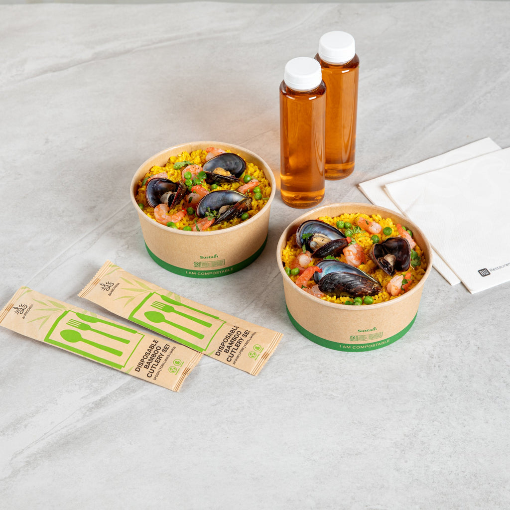 Sustain 44 oz Round Kraft Paper Take Out Container - Compostable - 6 1/2" x 6 1/2" x 3" - 200 count box