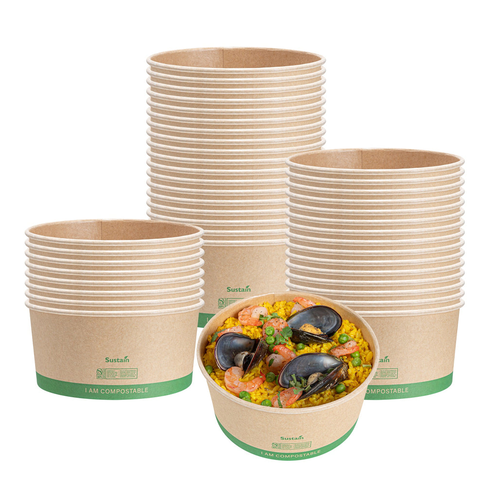 Sustain 44 oz Round Kraft Paper Take Out Container - Compostable - 6 1/2" x 6 1/2" x 3" - 50 count box