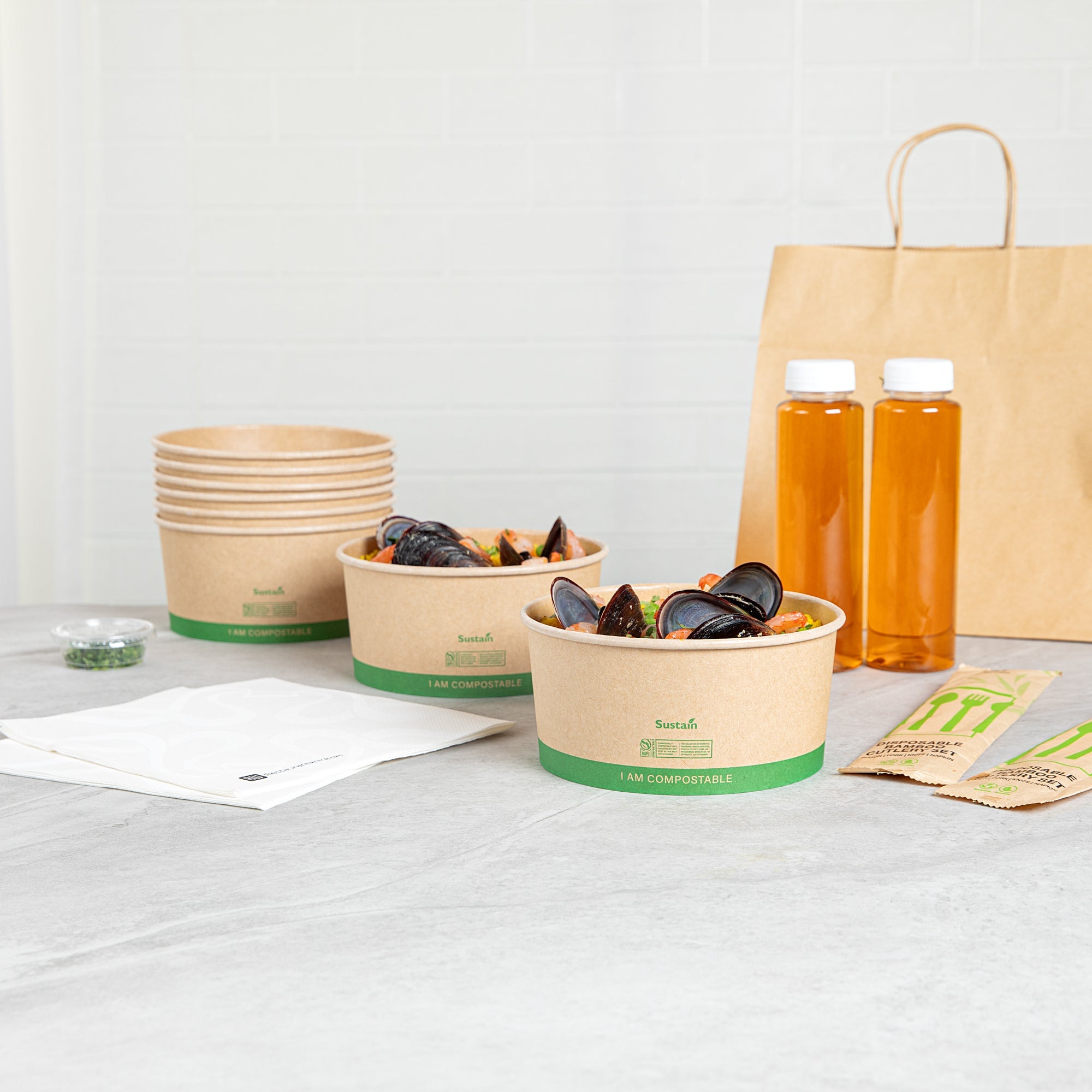 Sustain 44 oz Round Kraft Paper Take Out Container - Compostable - 6 1/2" x 6 1/2" x 3" - 50 count box
