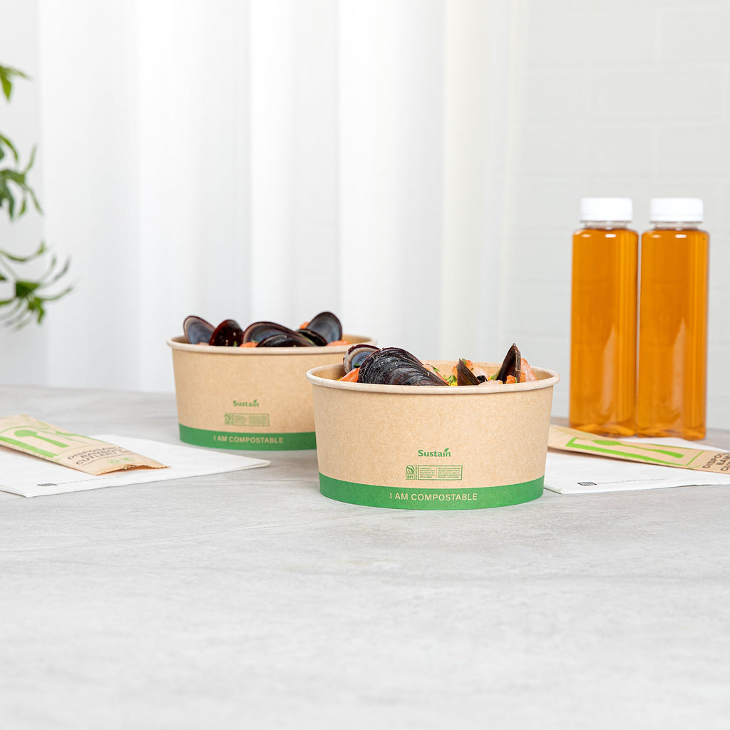 Sustain 44 oz Round Kraft Paper Take Out Container - Compostable - 6 1/2" x 6 1/2" x 3" - 200 count box
