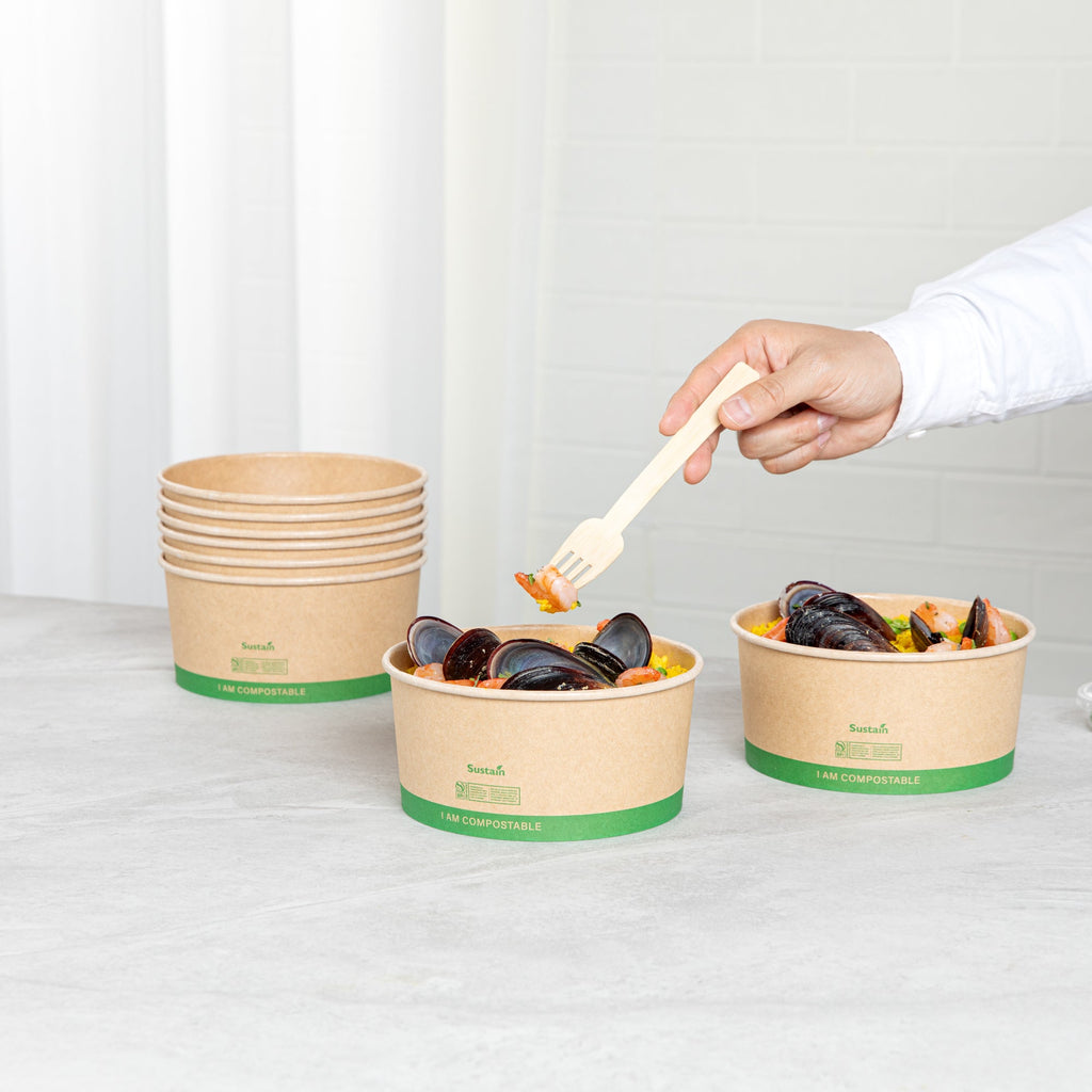 Sustain 44 oz Round Kraft Paper Take Out Container - Compostable - 6 1/2" x 6 1/2" x 3" - 200 count box