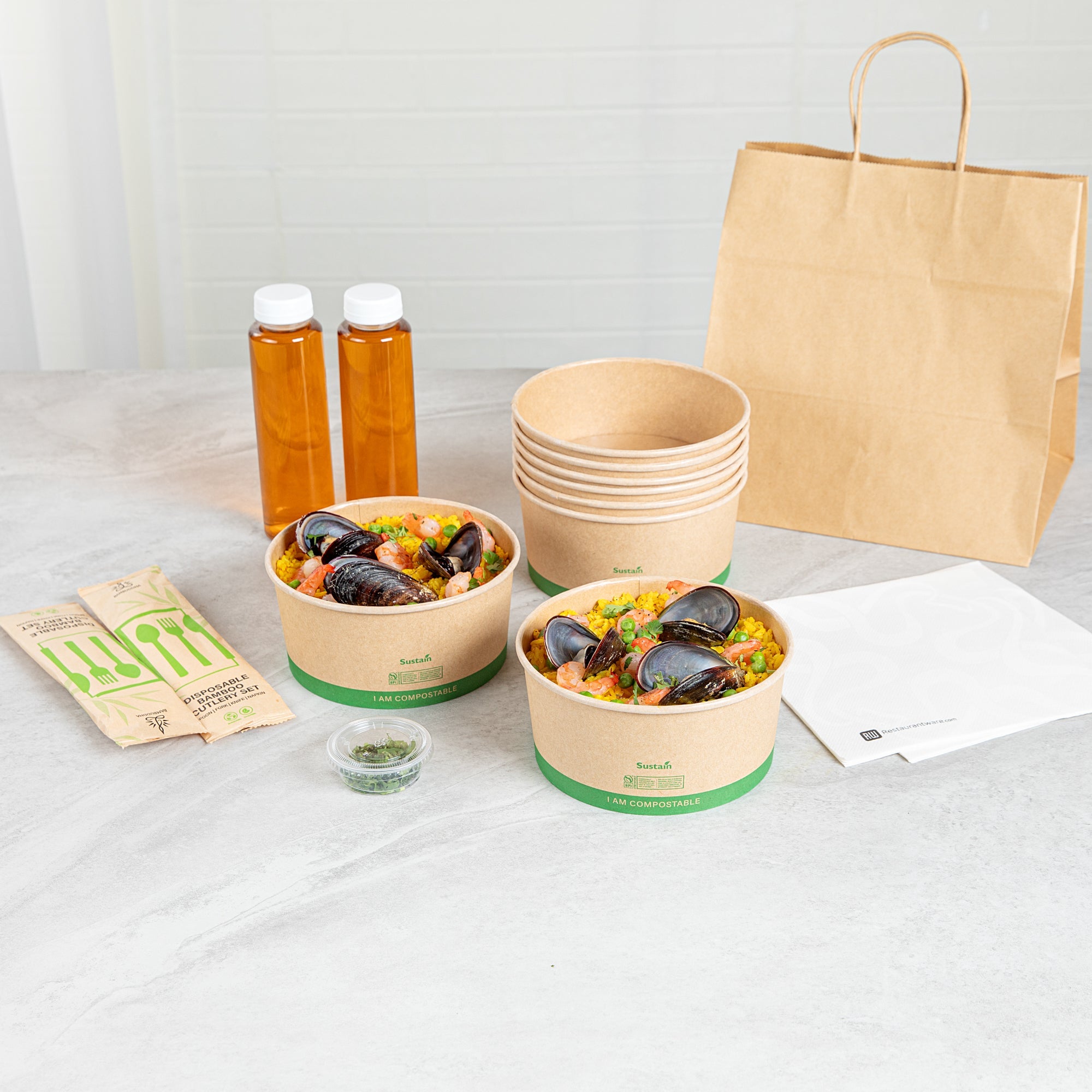 Sustain 44 oz Round Kraft Paper Take Out Container - Compostable - 6 1/2" x 6 1/2" x 3" - 200 count box