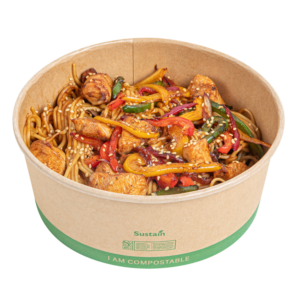 Sustain 50 oz Round Kraft Paper Take Out Container - Compostable - 7 1/4" x 7 1/4" x 2 3/4" - 50 count box