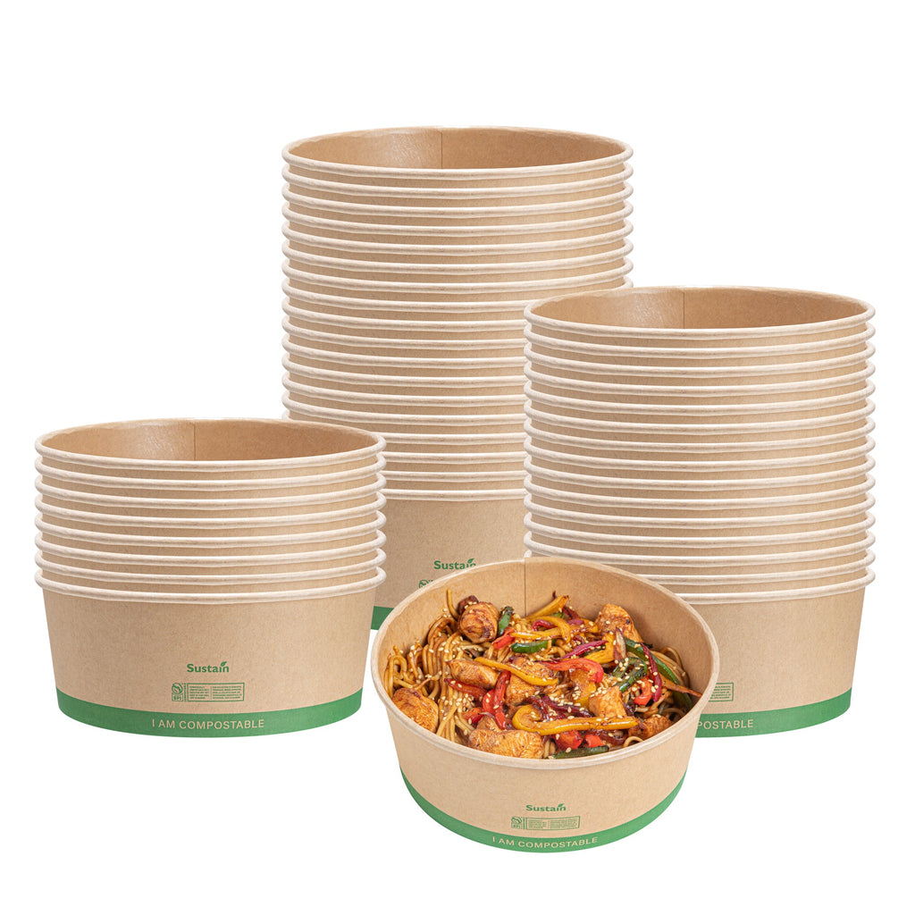 Sustain 50 oz Round Kraft Paper Take Out Container - Compostable - 7 1/4" x 7 1/4" x 2 3/4" - 50 count box