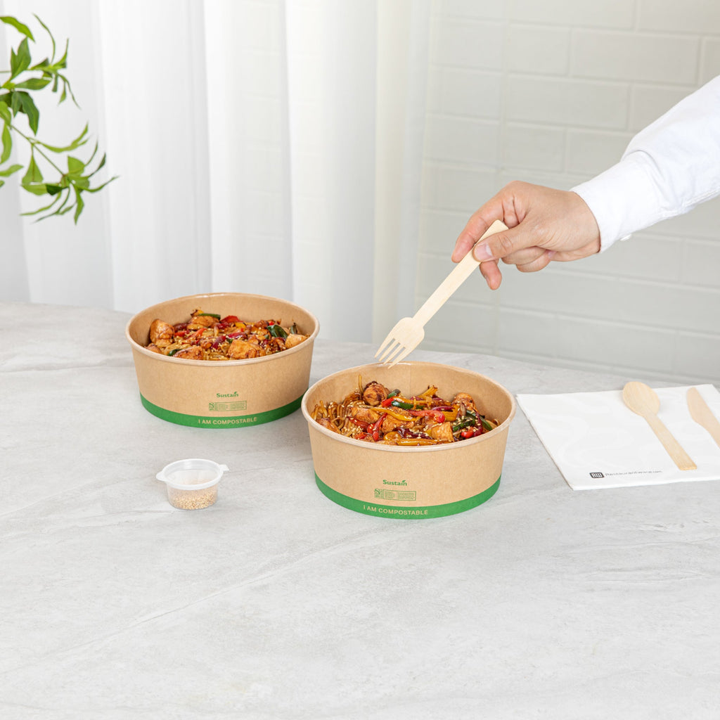 Sustain 50 oz Round Kraft Paper Take Out Container - Compostable - 7 1/4" x 7 1/4" x 2 3/4" - 50 count box