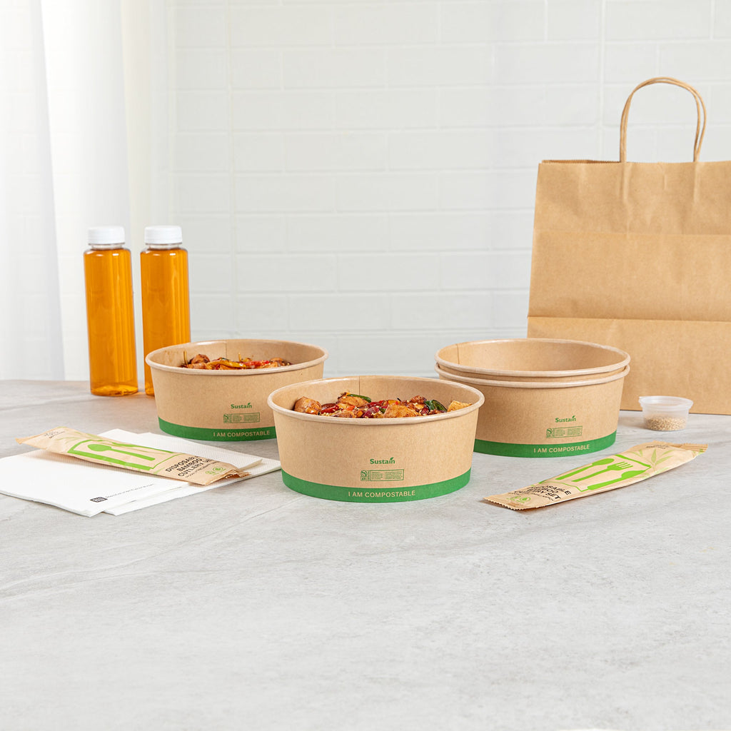 Sustain 50 oz Round Kraft Paper Take Out Container - Compostable - 7 1/4" x 7 1/4" x 2 3/4" - 50 count box