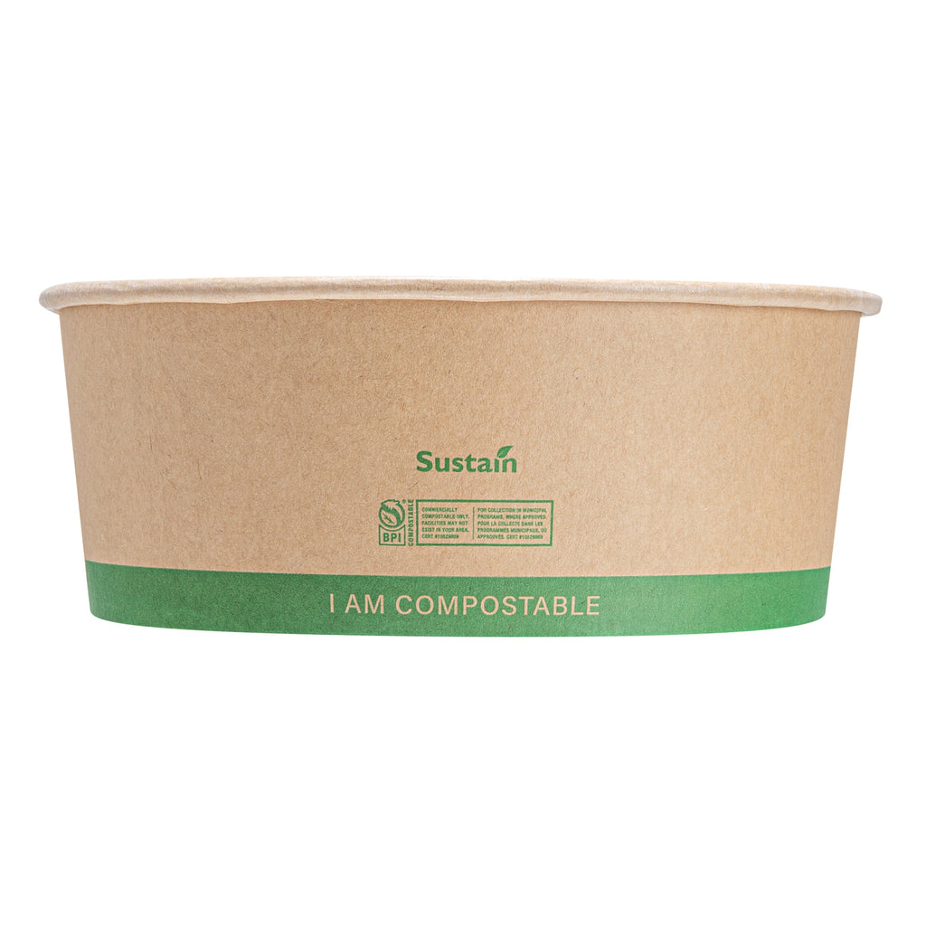 Sustain 50 oz Round Kraft Paper Take Out Container - Compostable - 7 1/4" x 7 1/4" x 2 3/4" - 200 count box