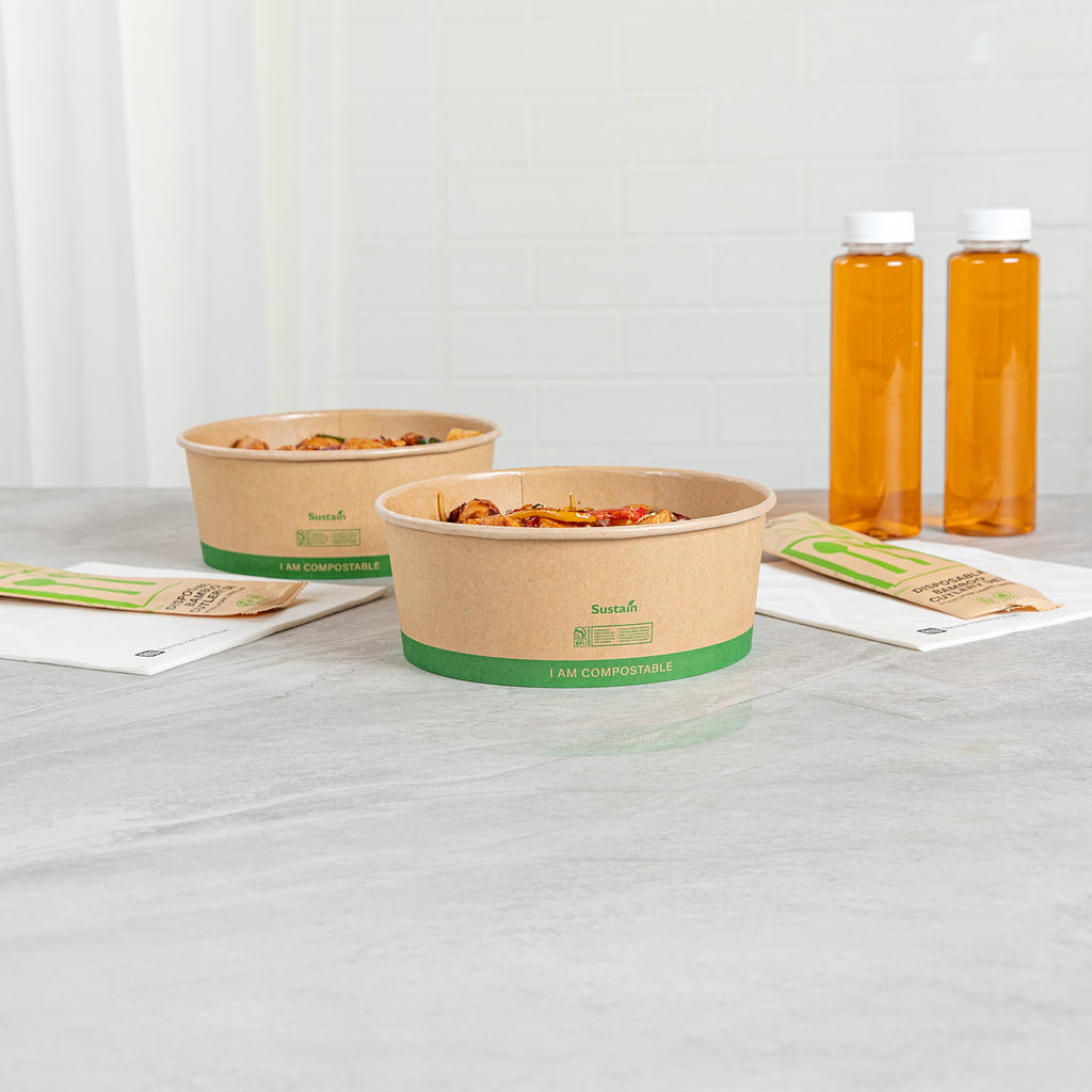 Sustain 50 oz Round Kraft Paper Take Out Container - Compostable - 7 1/4" x 7 1/4" x 2 3/4" - 200 count box