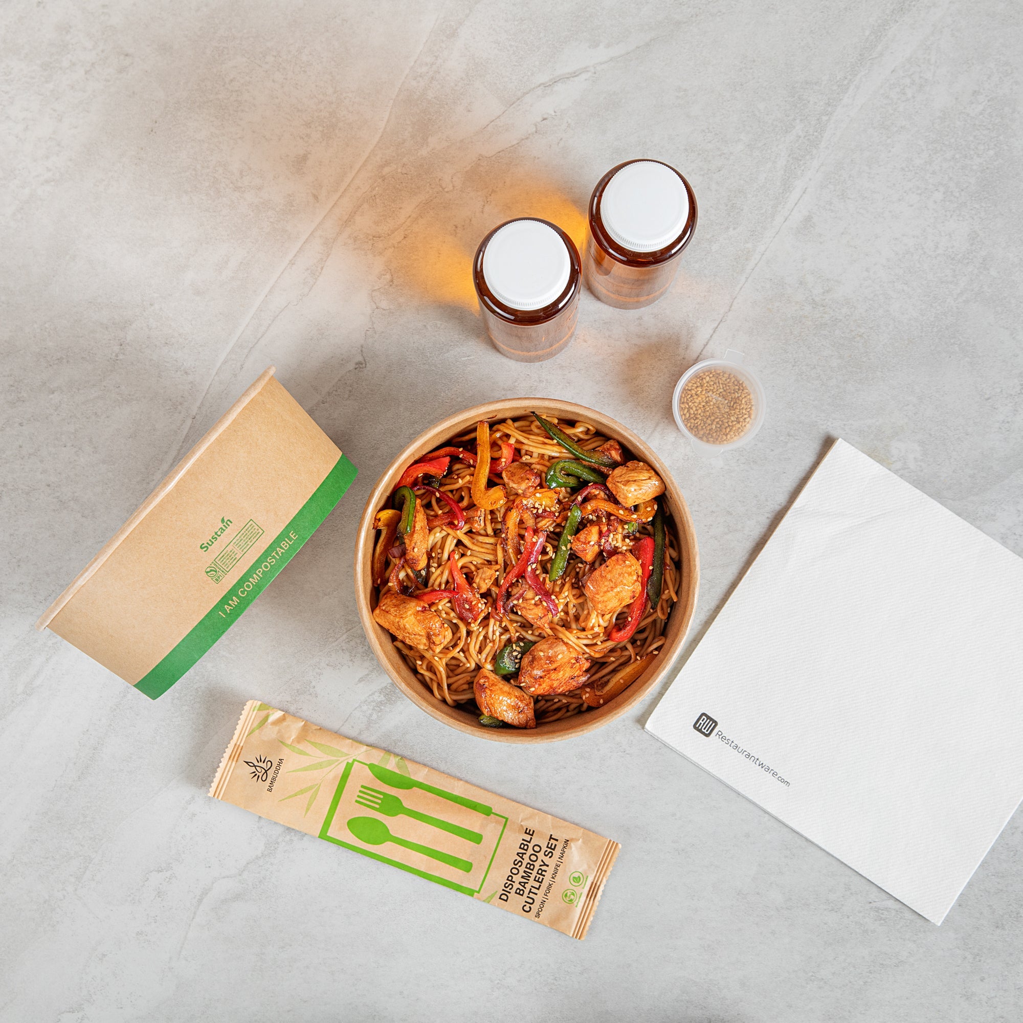 Sustain 50 oz Round Kraft Paper Take Out Container - Compostable - 7 1/4" x 7 1/4" x 2 3/4" - 200 count box