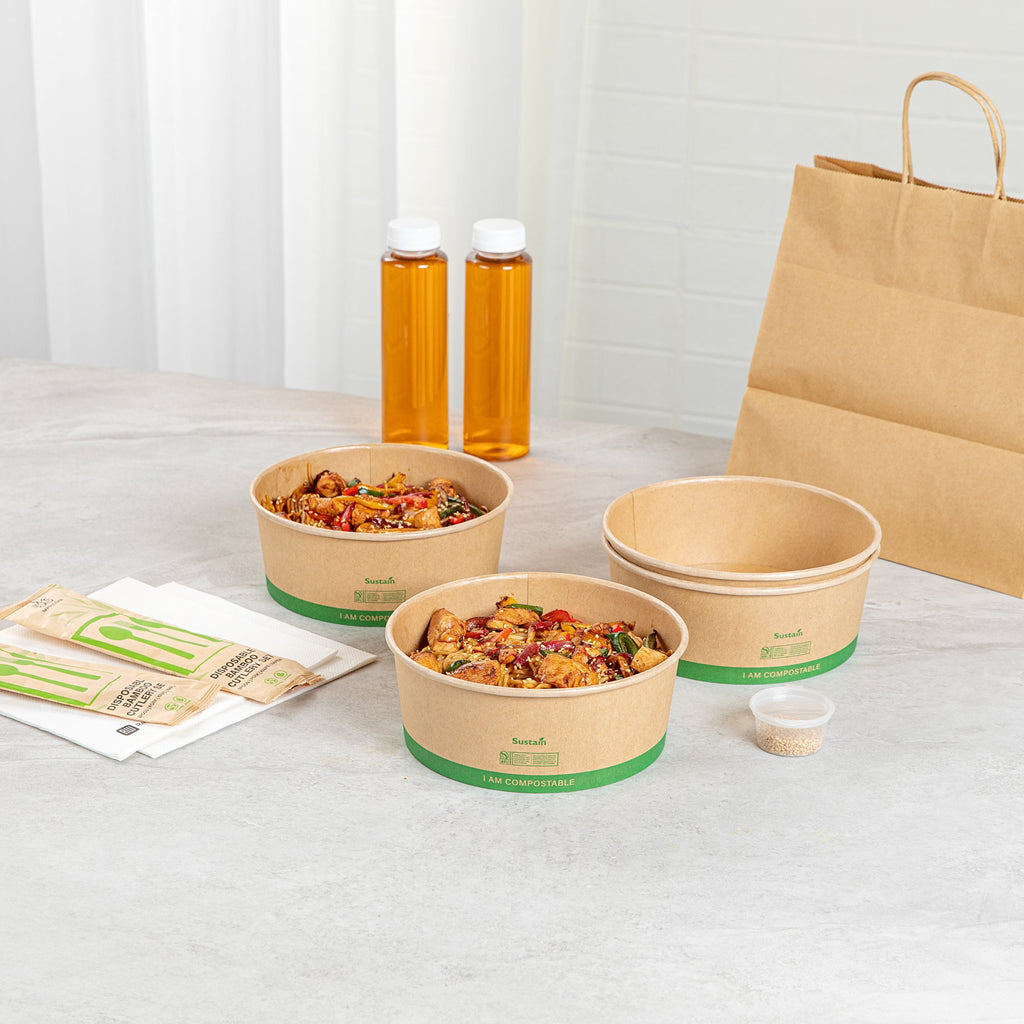 Sustain 50 oz Round Kraft Paper Take Out Container - Compostable - 7 1/4" x 7 1/4" x 2 3/4" - 200 count box