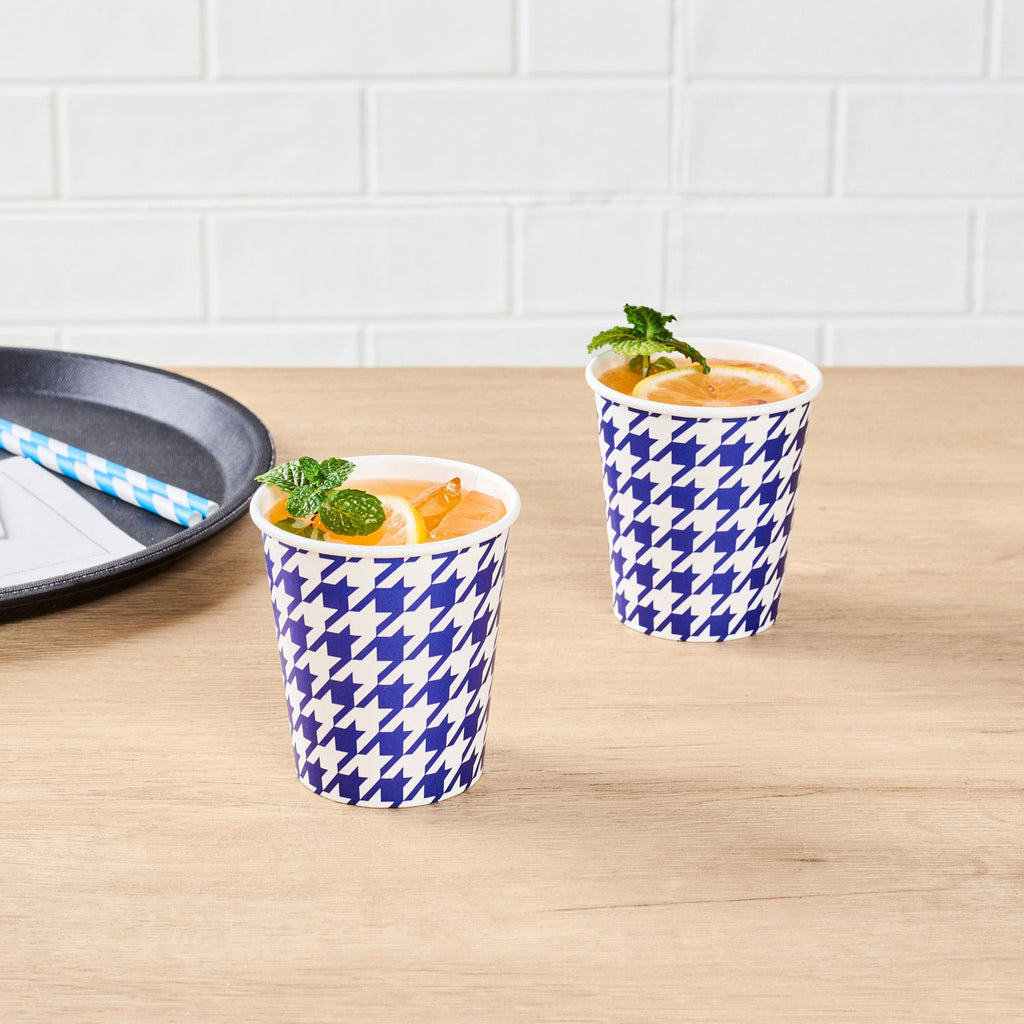 Chef 101 7 oz Round Blue Houndstooth Paper Cold Cup - 2 3/4" x 2 3/4" x 3" - 25 count box
