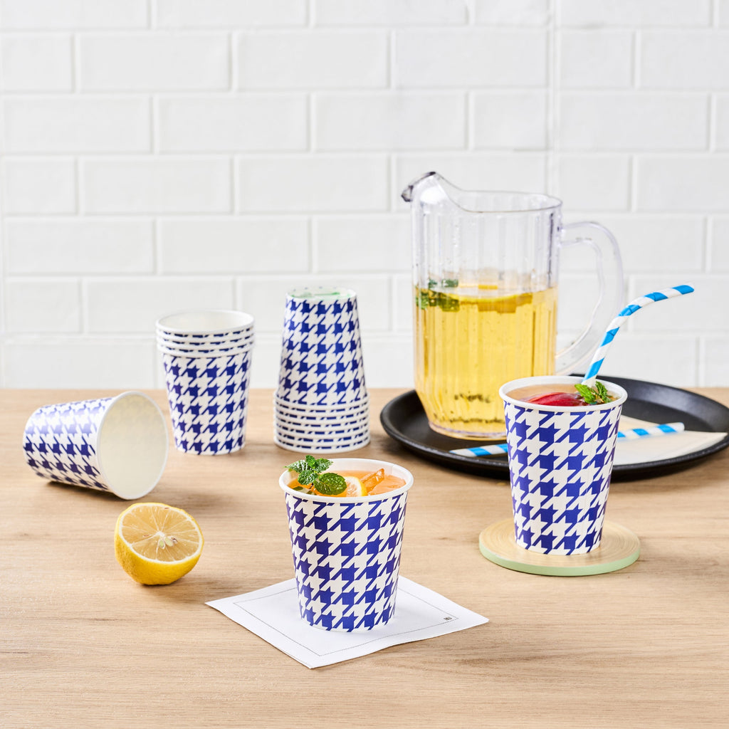 Chef 101 7 oz Round Blue Houndstooth Paper Cold Cup - 2 3/4" x 2 3/4" x 3" - 25 count box