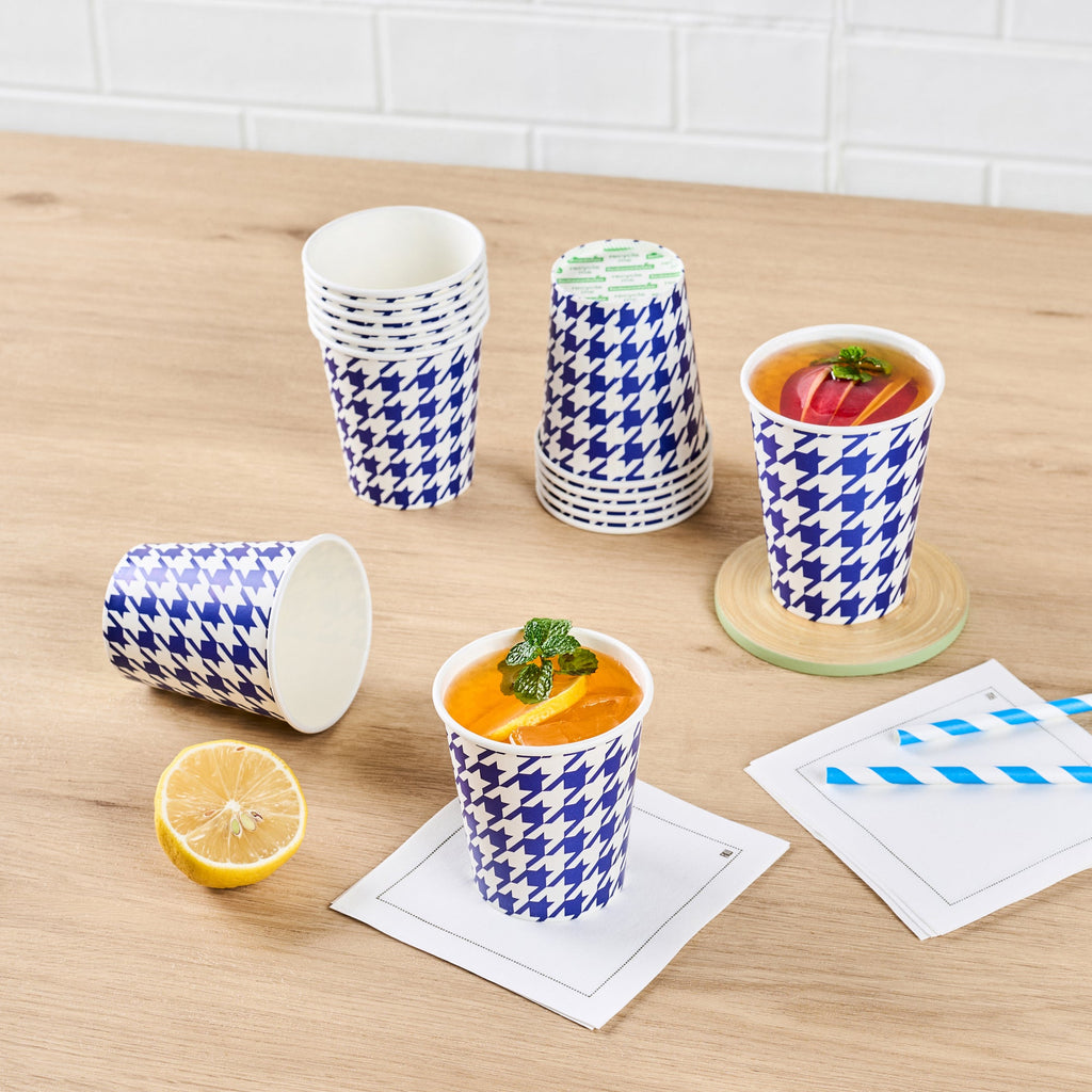 Chef 101 7 oz Round Blue Houndstooth Paper Cold Cup - 2 3/4" x 2 3/4" x 3" - 25 count box
