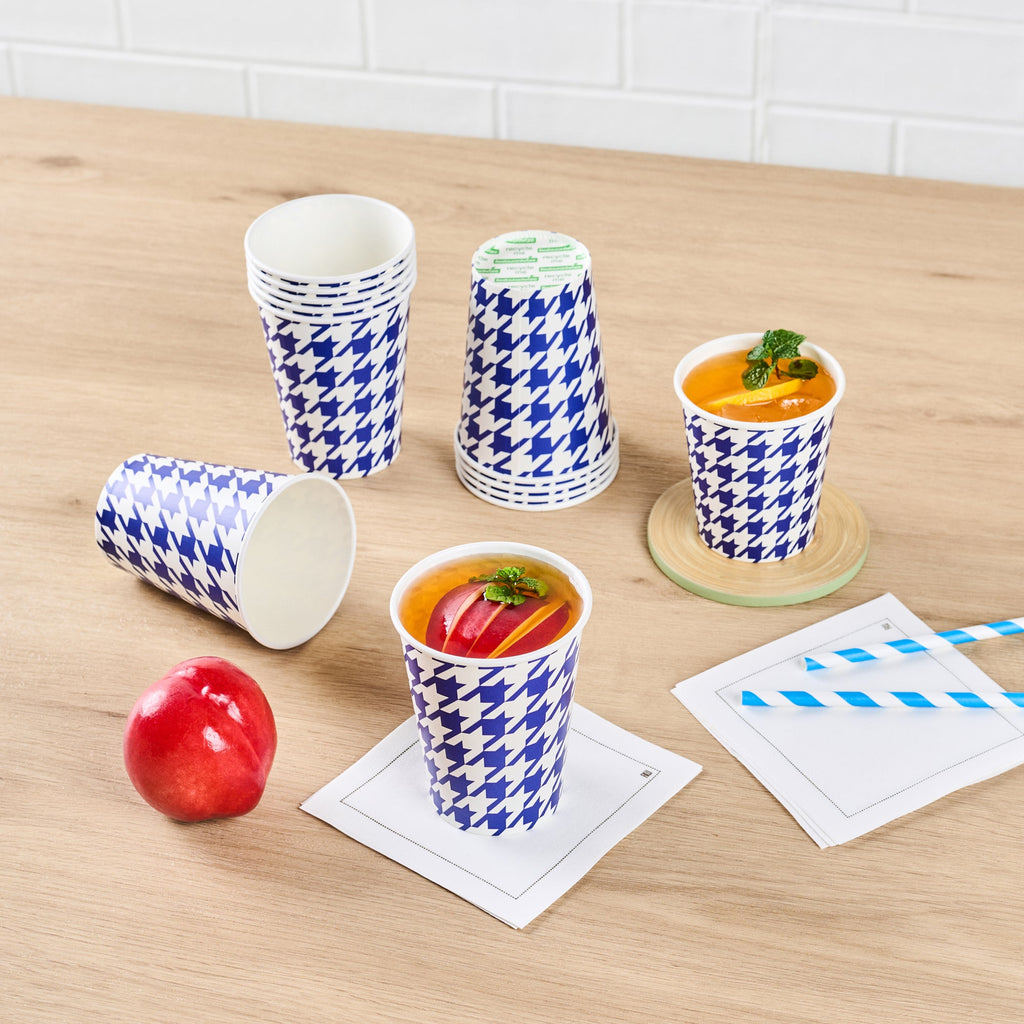 Chef 101 9 oz Round Blue Houndstooth Paper Cold Cup - 3" x 3" x 3 3/4" - 25 count box