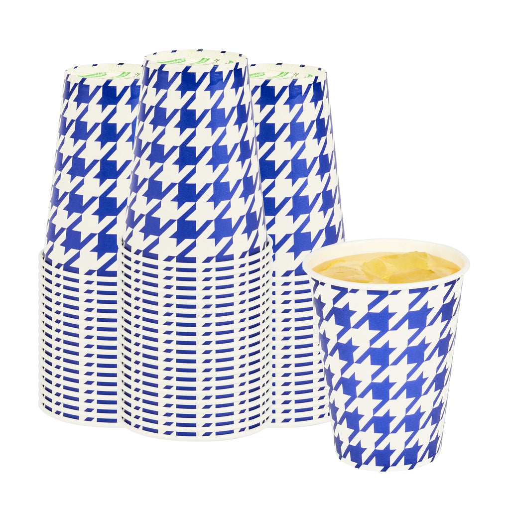 Chef 101 12 oz Round Blue Houndstooth Paper Cold Cup - 3 1/2" x 3 1/2" x 4 1/4" - 25 count box
