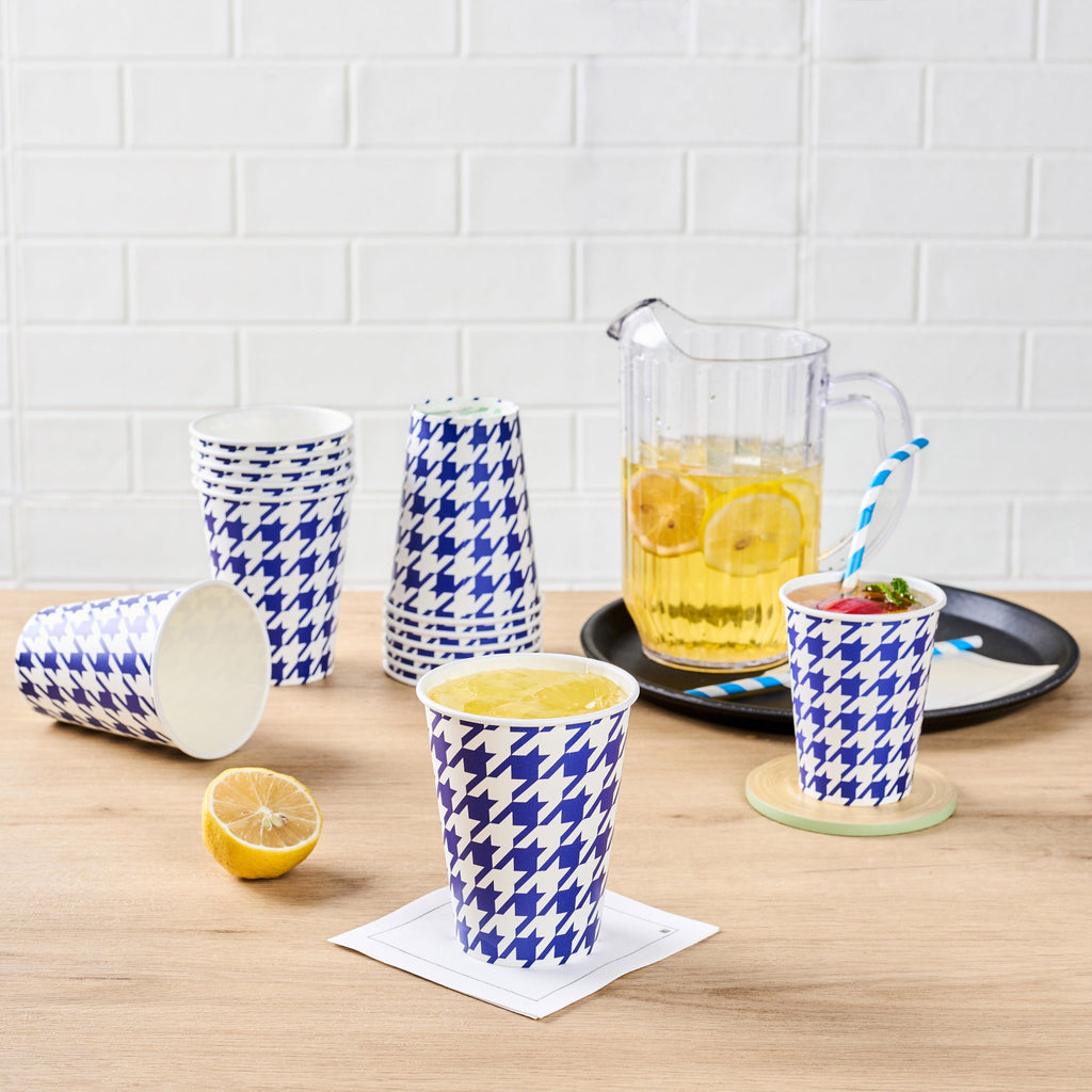Chef 101 12 oz Round Blue Houndstooth Paper Cold Cup - 3 1/2" x 3 1/2" x 4 1/4" - 25 count box