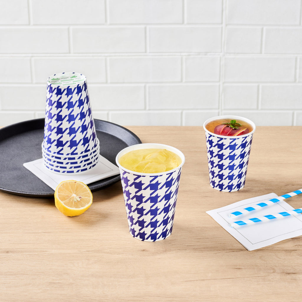 Chef 101 12 oz Round Blue Houndstooth Paper Cold Cup - 3 1/2" x 3 1/2" x 4 1/4" - 25 count box