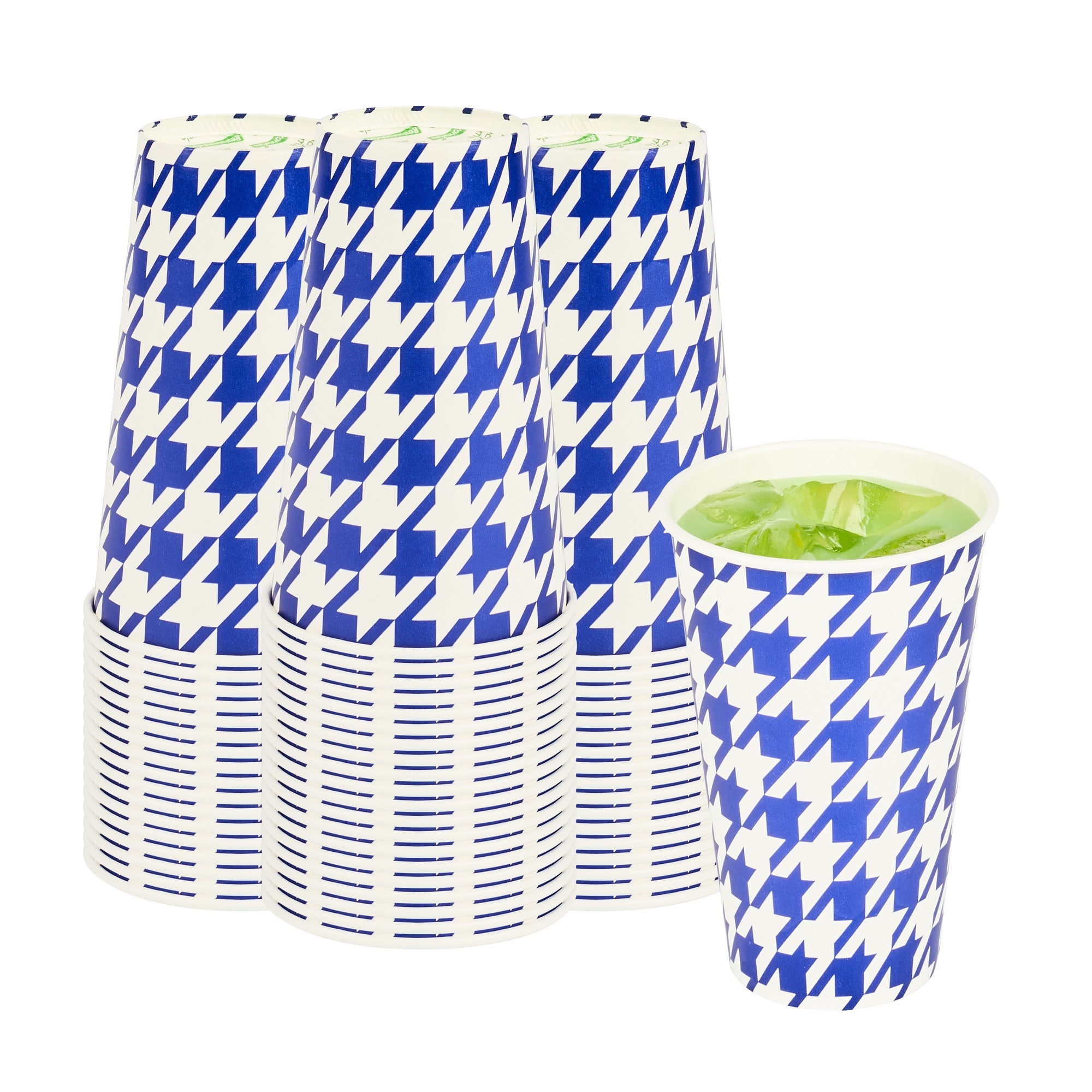 Chef 101 16 oz Round Blue Houndstooth Paper Cold Cup - 3 1/2" x 3 1/2" x 5 1/2" - 25 count box