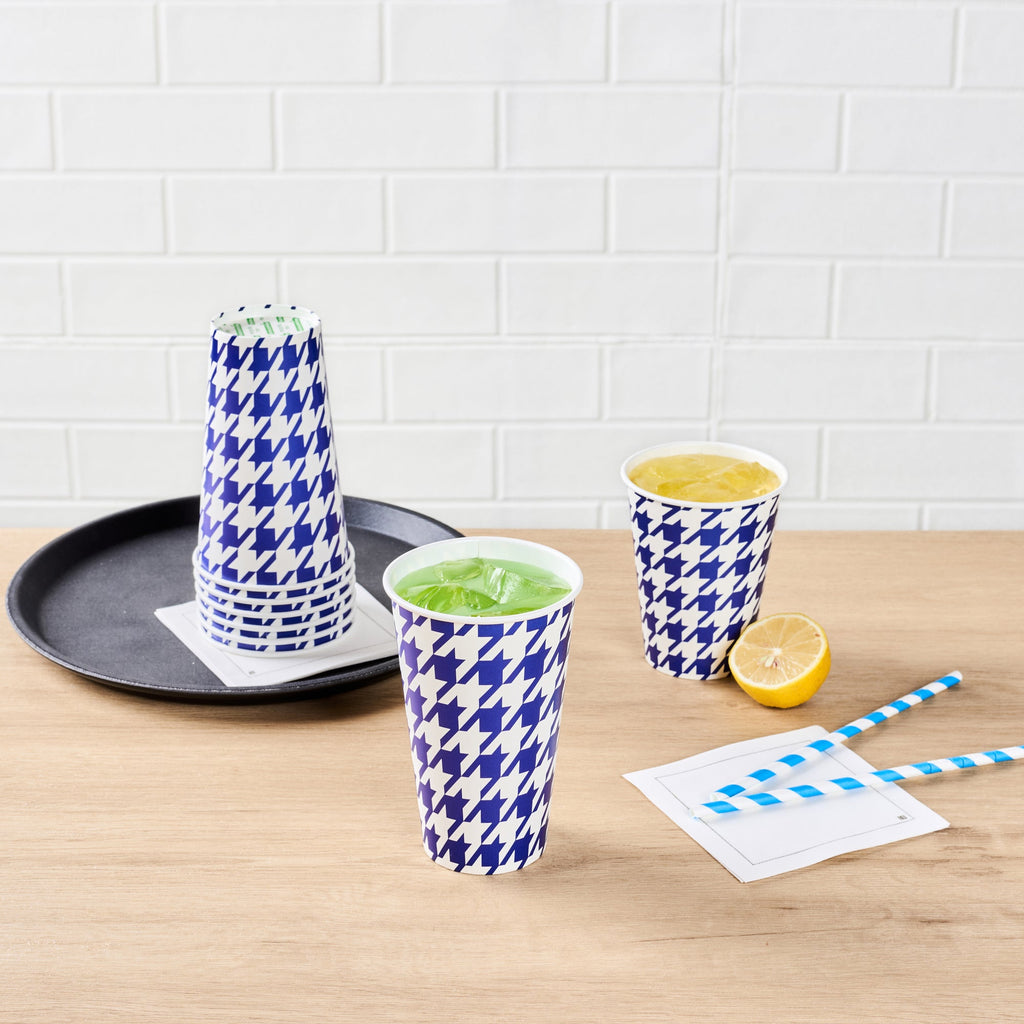 Chef 101 16 oz Round Blue Houndstooth Paper Cold Cup - 3 1/2" x 3 1/2" x 5 1/2" - 25 count box
