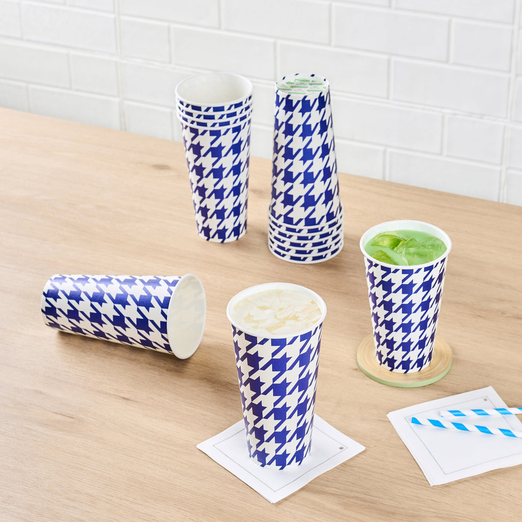 Chef 101 20 oz Round Blue Houndstooth Paper Cold Cup - 3 1/2" x 3 1/2" x 6 1/4" - 25 count box