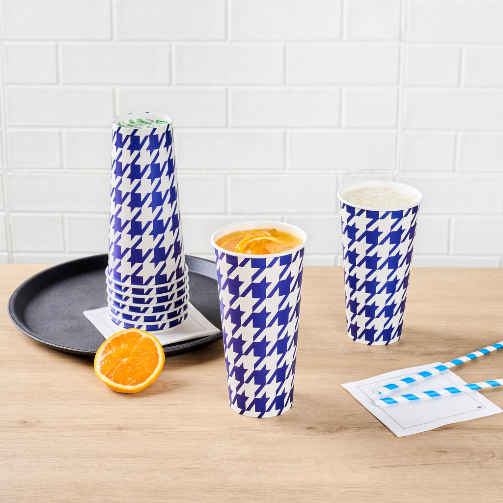 Chef 101 22 oz Round Blue Houndstooth Paper Cold Cup - 3 1/2" x 3 1/2" x 6 3/4" - 25 count box