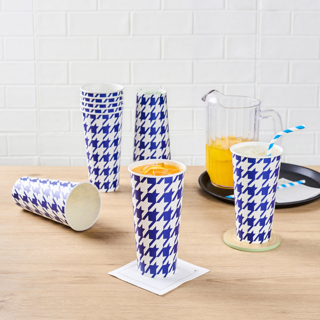 Chef 101 22 oz Round Blue Houndstooth Paper Cold Cup - 3 1/2" x 3 1/2" x 6 3/4" - 500 count box