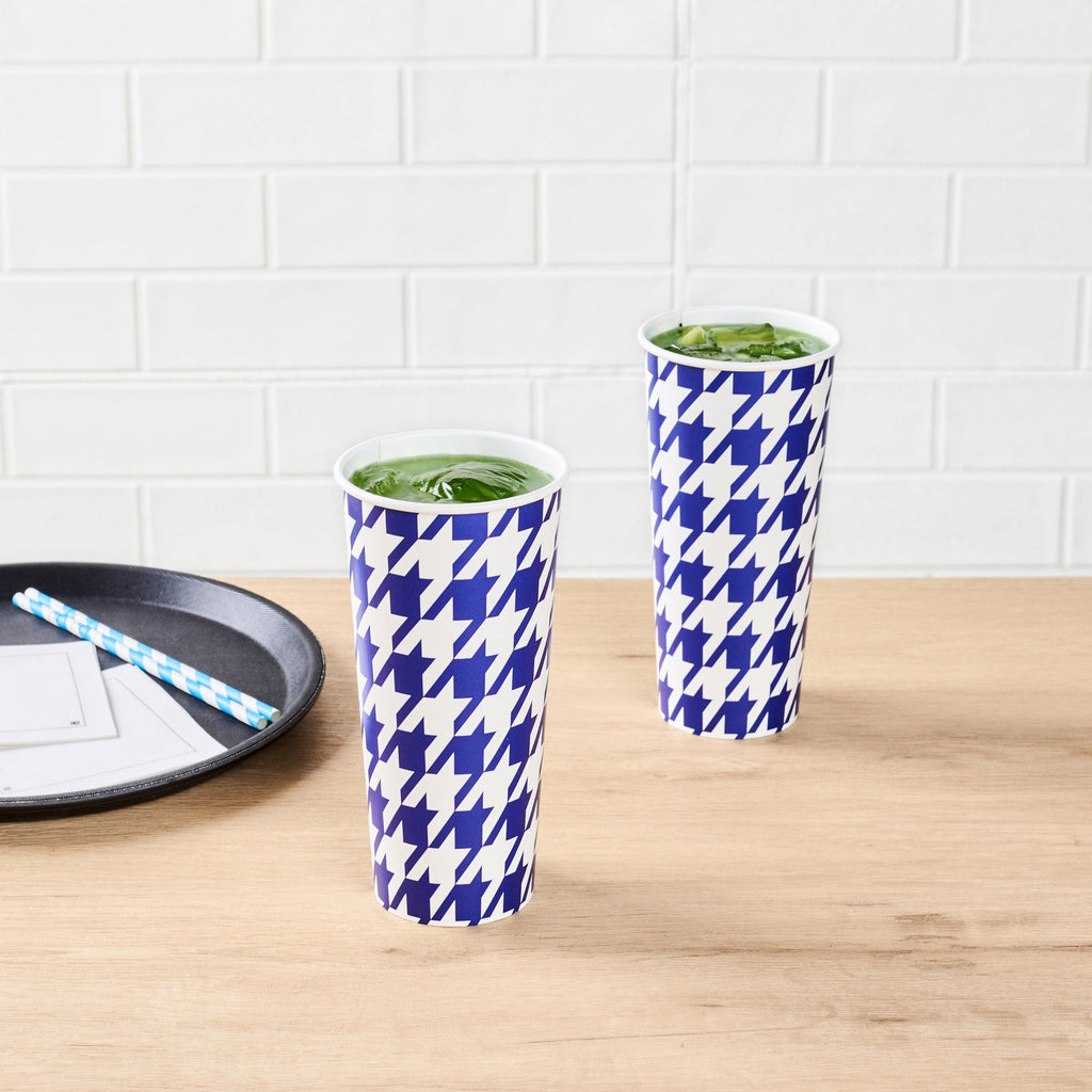 Chef 101 24 oz Round Blue Houndstooth Paper Cold Cup - 3 1/2" x 3 1/2" x 7" - 25 count box