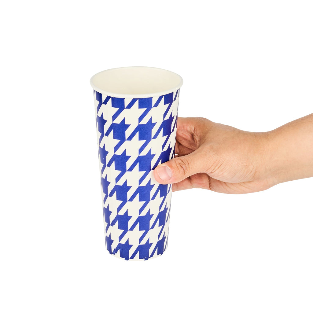 Chef 101 24 oz Round Blue Houndstooth Paper Cold Cup - 3 1/2" x 3 1/2" x 7" - 25 count box