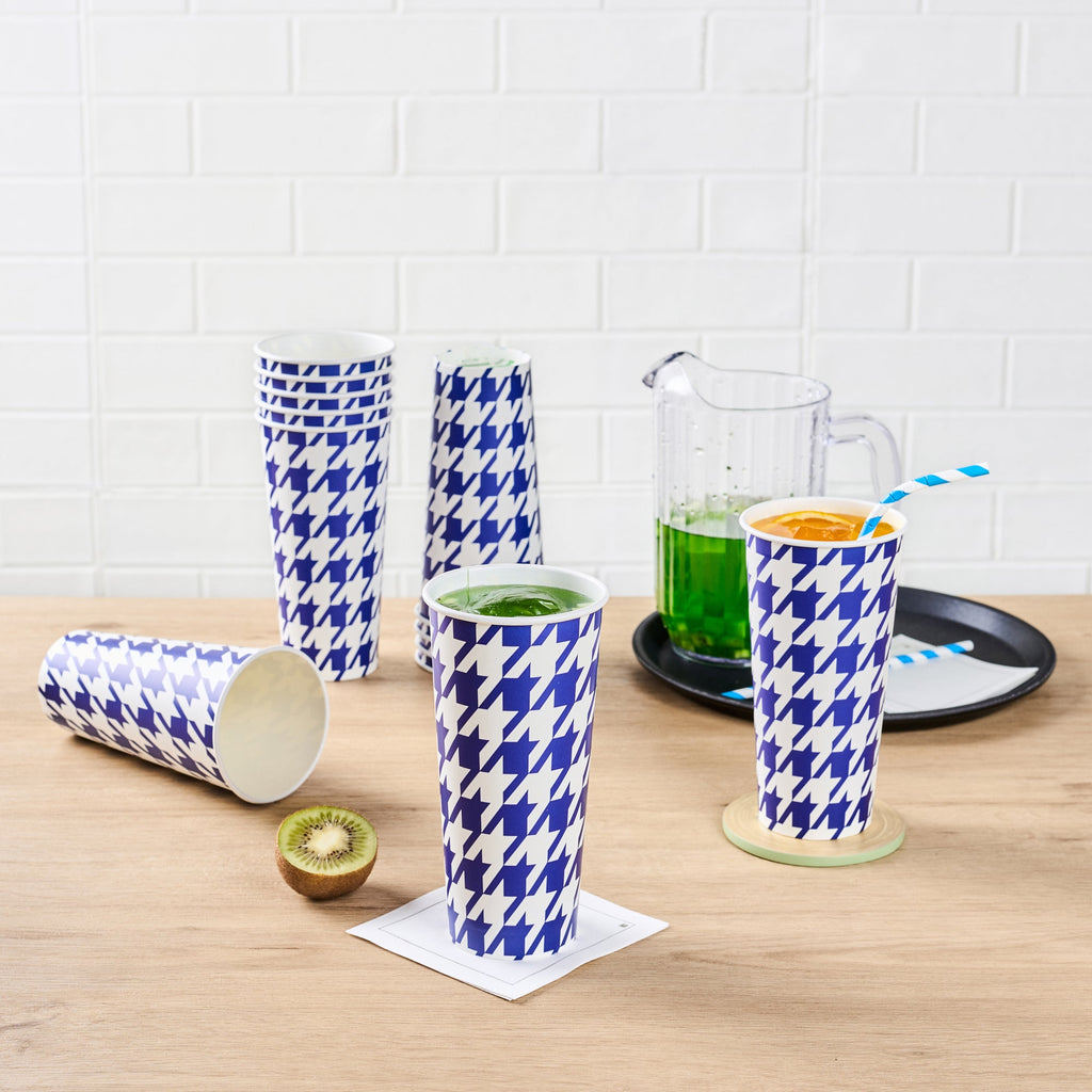 Chef 101 24 oz Round Blue Houndstooth Paper Cold Cup - 3 1/2" x 3 1/2" x 7" - 25 count box