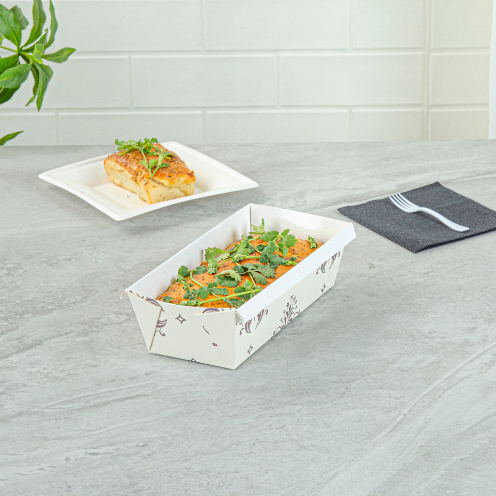 Bake Tek 32 oz Beige Vintage Floral Paper Baking Loaf Pan - Greaseproof - 8" x 3 3/4" x 2 1/4" - 100 count box