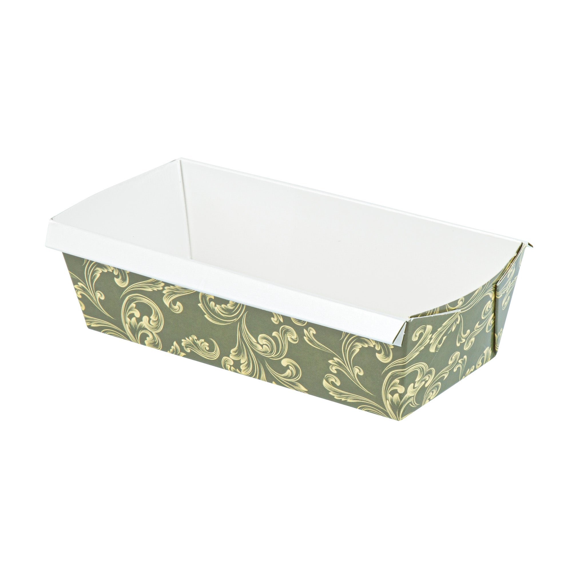 Bake Tek 32 oz Dark Green Vintage Floral Paper Baking Loaf Pan - Greaseproof - 8" x 3 3/4" x 2 1/4" - 100 count box