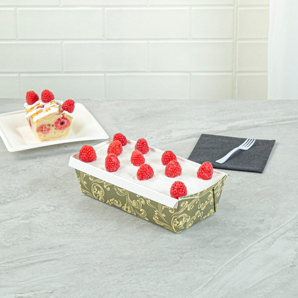 Bake Tek 32 oz Dark Green Vintage Floral Paper Baking Loaf Pan - Greaseproof - 8" x 3 3/4" x 2 1/4" - 100 count box