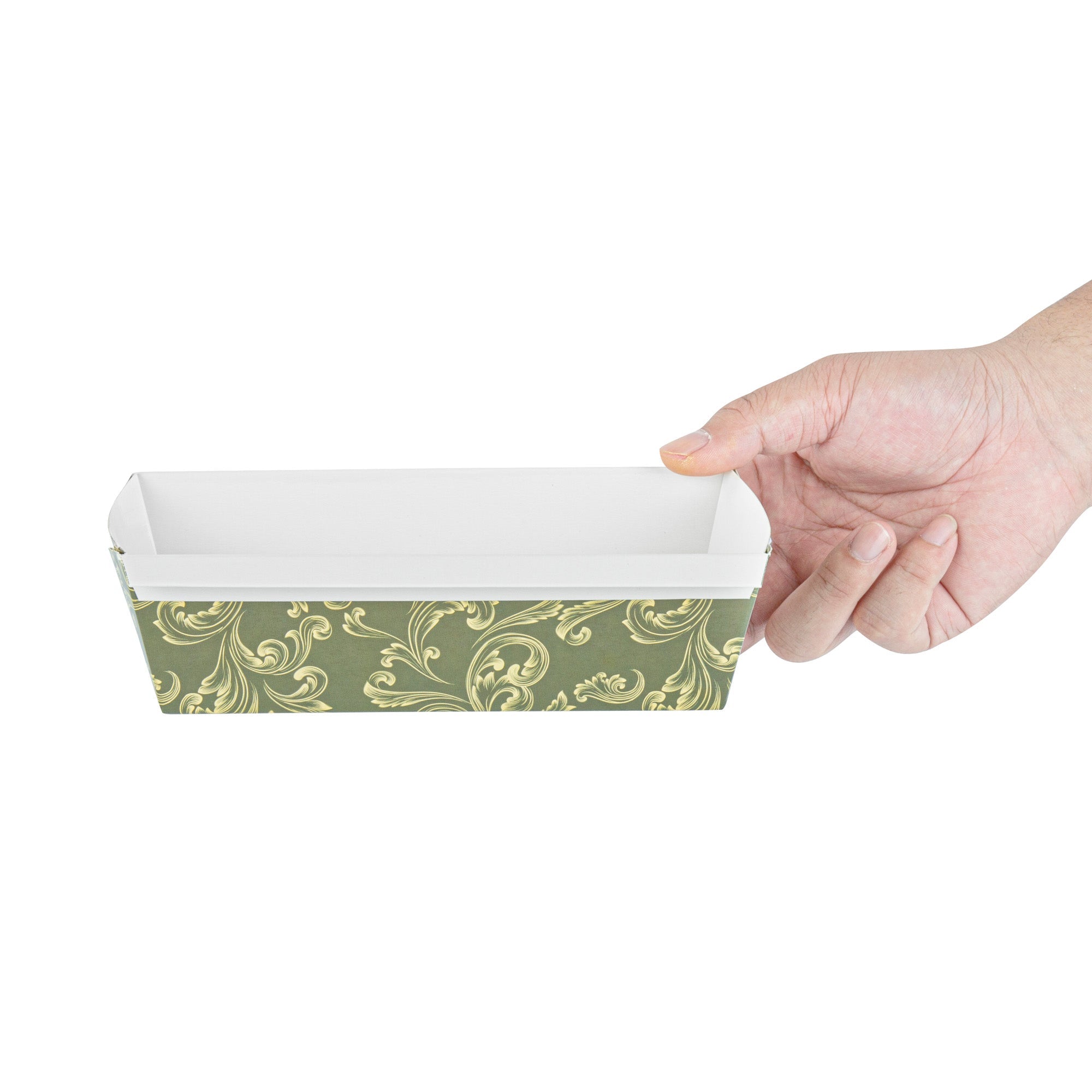 Bake Tek 32 oz Dark Green Vintage Floral Paper Baking Loaf Pan - Greaseproof - 8" x 3 3/4" x 2 1/4" - 100 count box