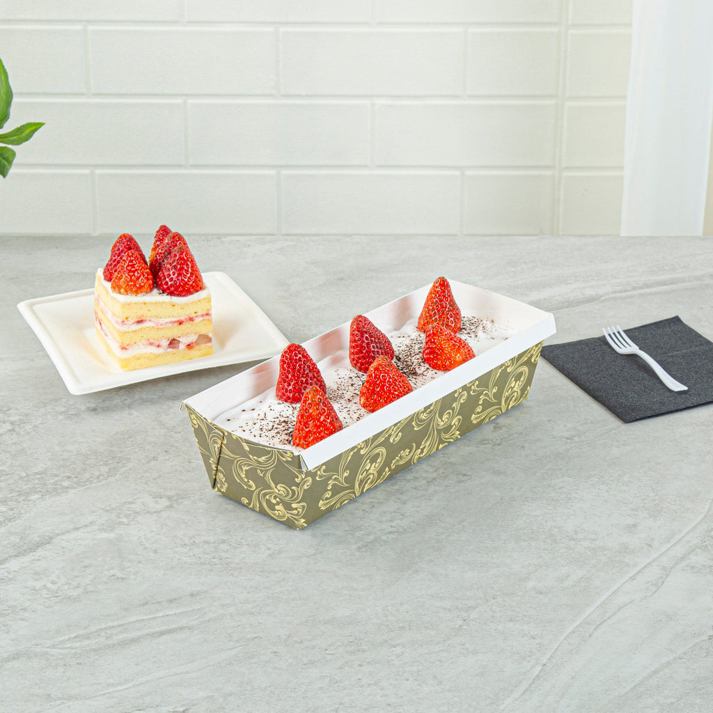 Bake Tek 42 oz Dark Green Vintage Floral Paper Baking Loaf Pan - Greaseproof - 10" x 3 1/2" x 2 1/2" - 100 count box