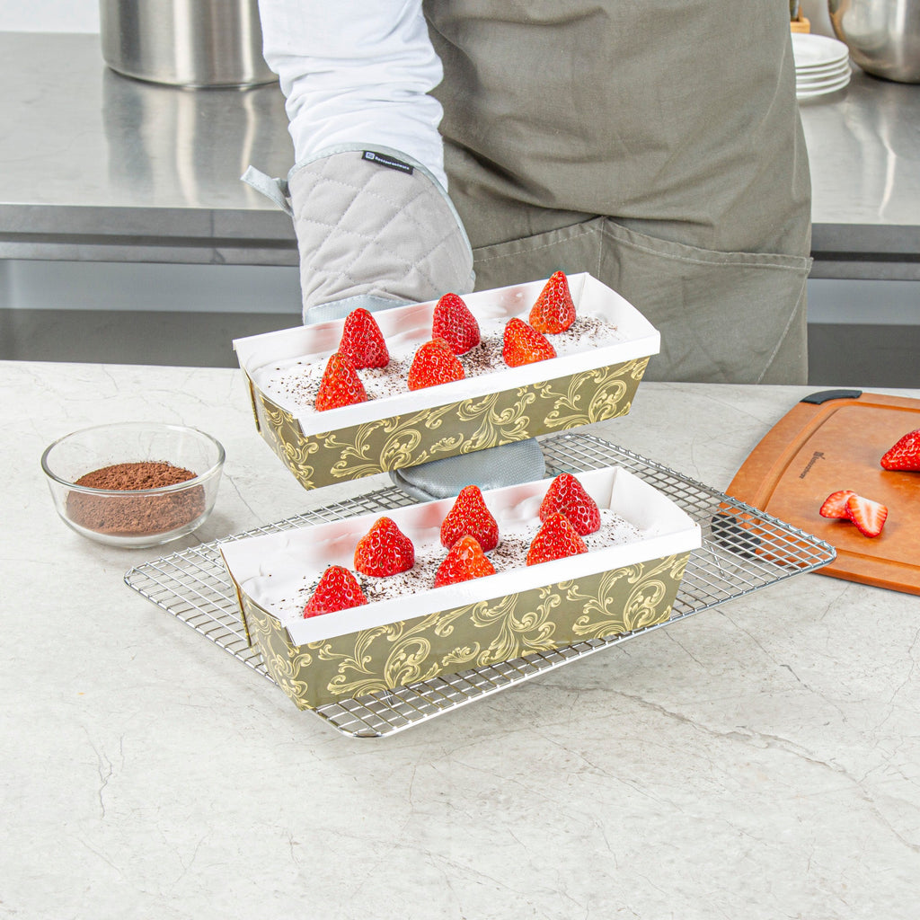 Bake Tek 42 oz Dark Green Vintage Floral Paper Baking Loaf Pan - Greaseproof - 10" x 3 1/2" x 2 1/2" - 100 count box