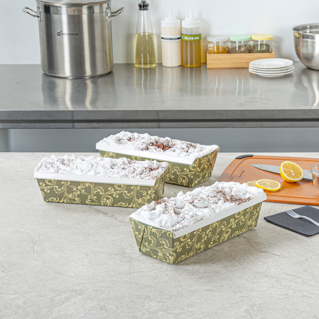 Bake Tek 54 oz Dark Green Vintage Floral Paper Baking Loaf Pan - Greaseproof - 10 1/4" x 4" x 2 3/4" - 100 count box