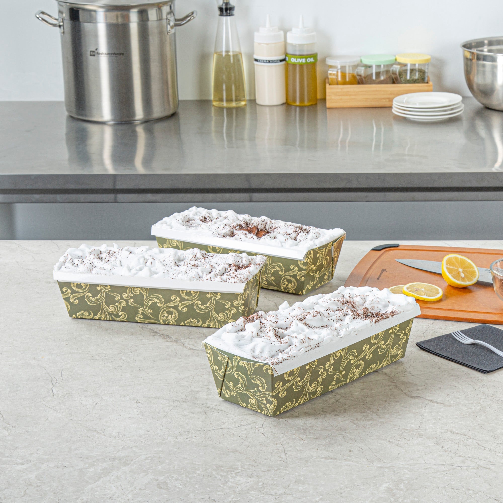 Bake Tek 54 oz Dark Green Vintage Floral Paper Baking Loaf Pan - Greaseproof - 10 1/4" x 4" x 2 3/4" - 100 count box