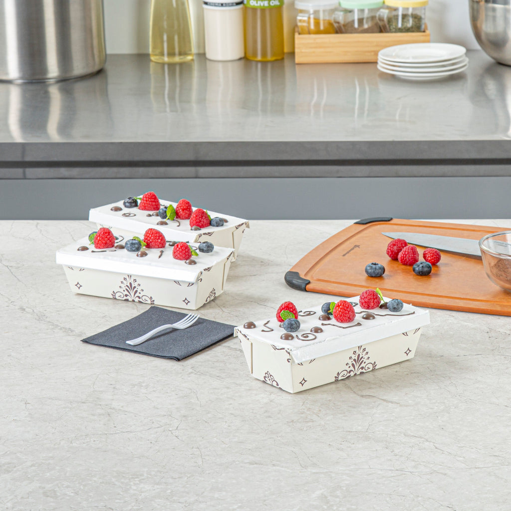 Bake Tek 13 oz Beige Vintage Floral Paper Baking Loaf Pan - Greaseproof - 7" x 3 1/4" x 2" - 100 count box