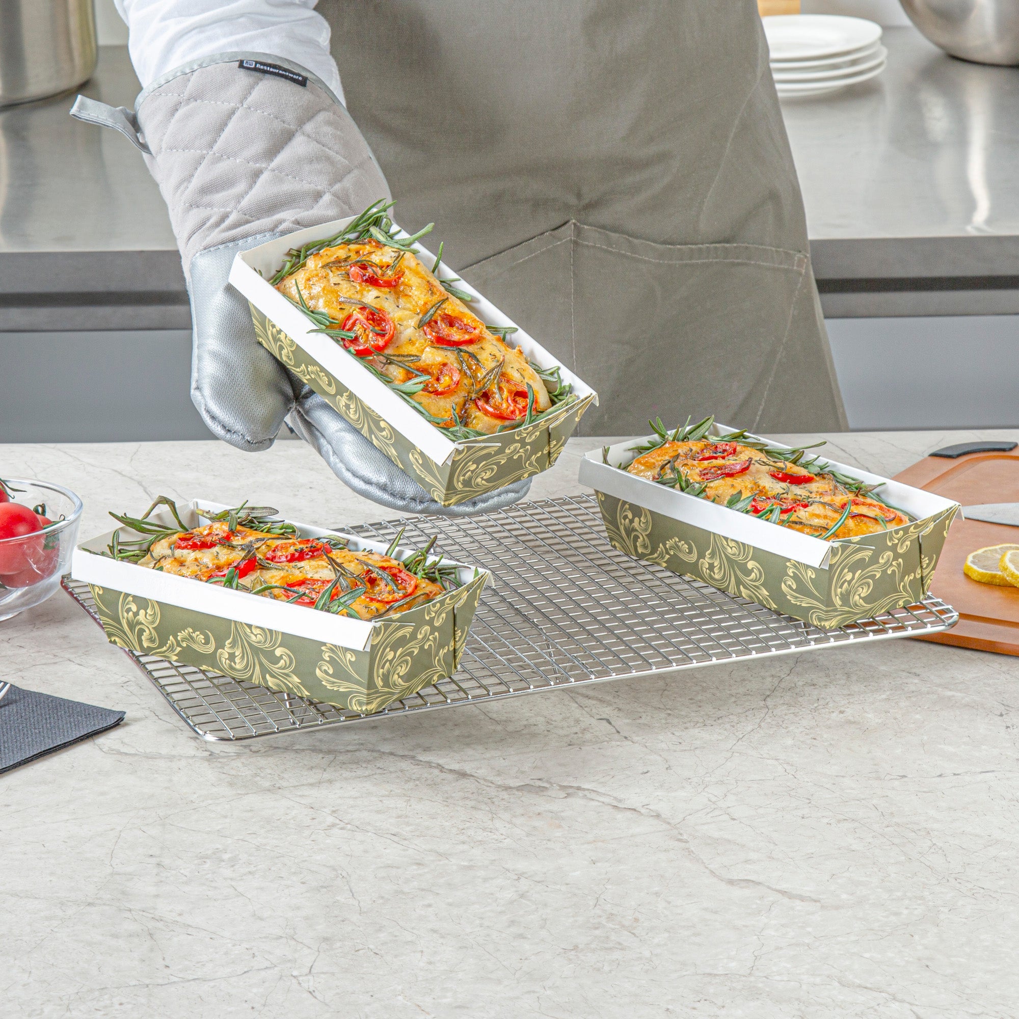 Bake Tek 13 oz Dark Green Vintage Floral Paper Baking Loaf Pan - Greaseproof - 7" x 3 1/4" x 2" - 100 count box