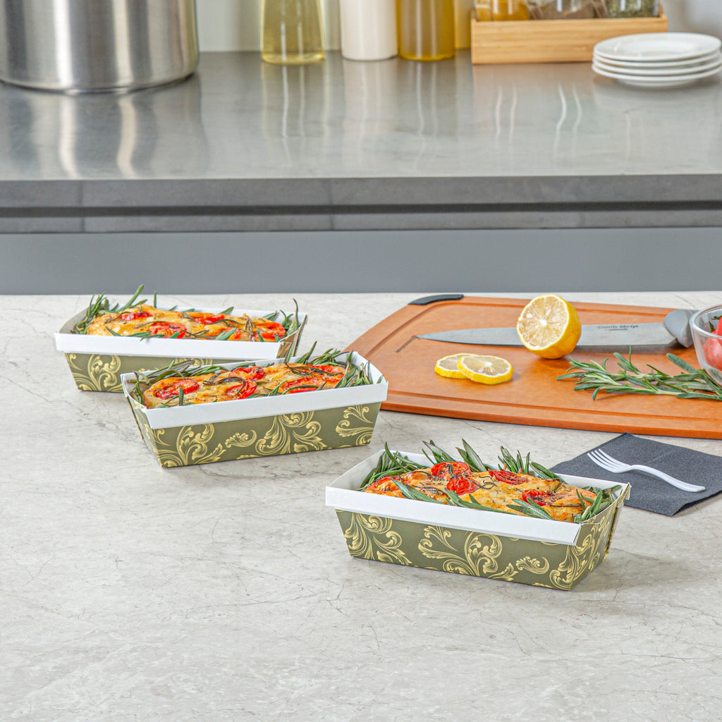 Bake Tek 13 oz Dark Green Vintage Floral Paper Baking Loaf Pan - Greaseproof - 7" x 3 1/4" x 2" - 100 count box