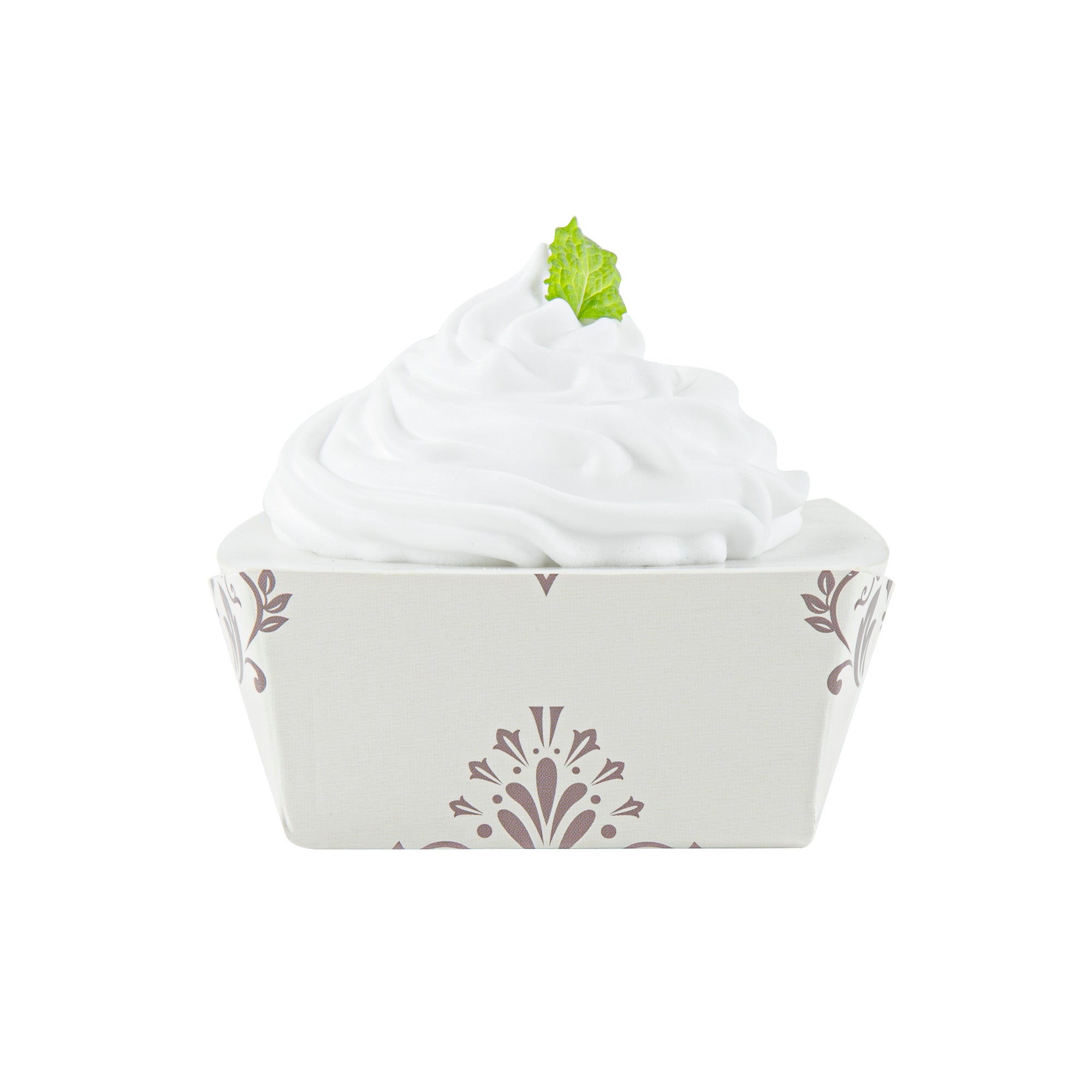 Bake Tek 6 oz Square Vintage Floral Beige Paper Baking Cup - Greaseproof - 3" x 3" x 1 1/2" - 100 count box