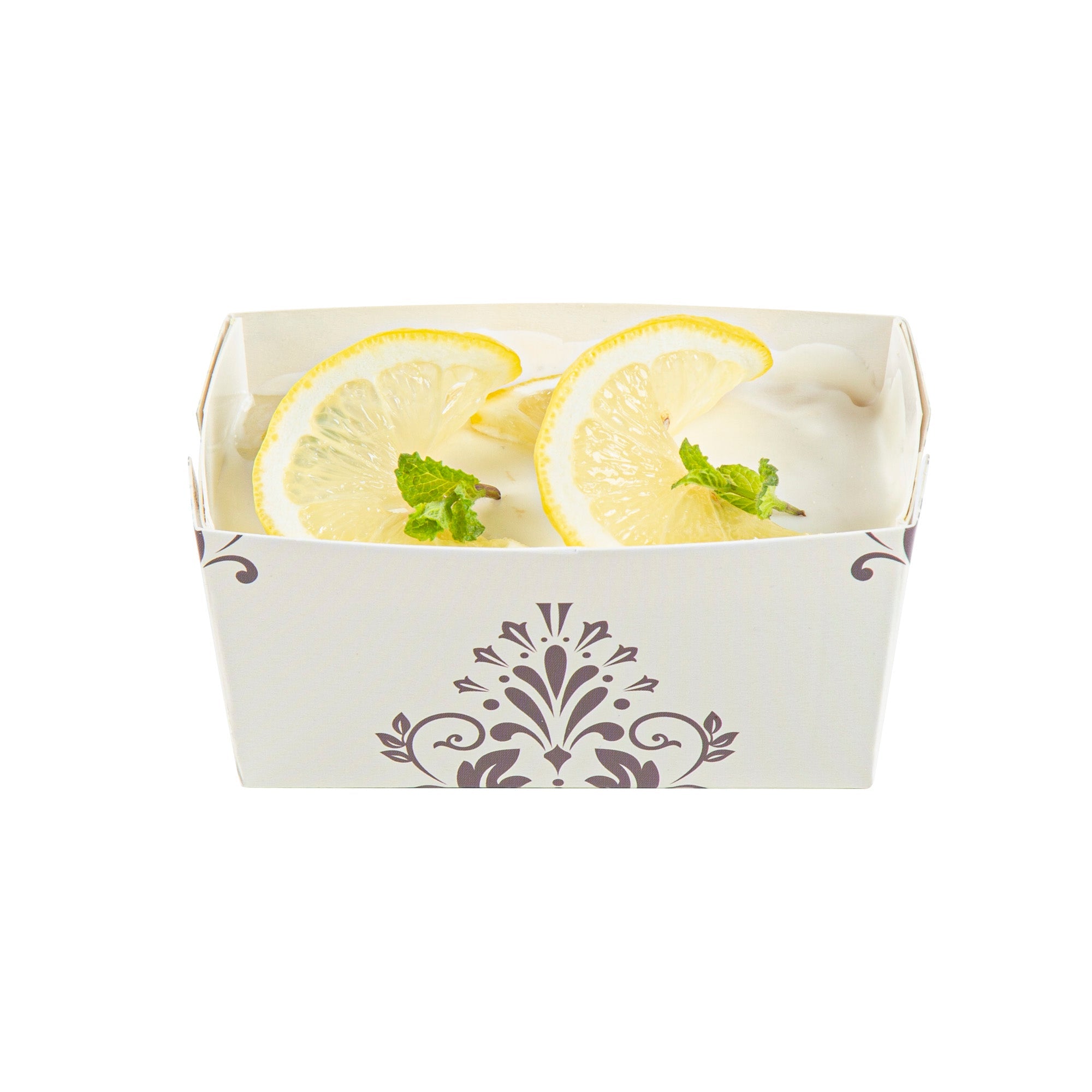 Bake Tek 9 oz Beige Vintage Floral Paper Mini Baking Loaf Pan - Greaseproof - 4" x 2 1/4" x 2" - 100 count box