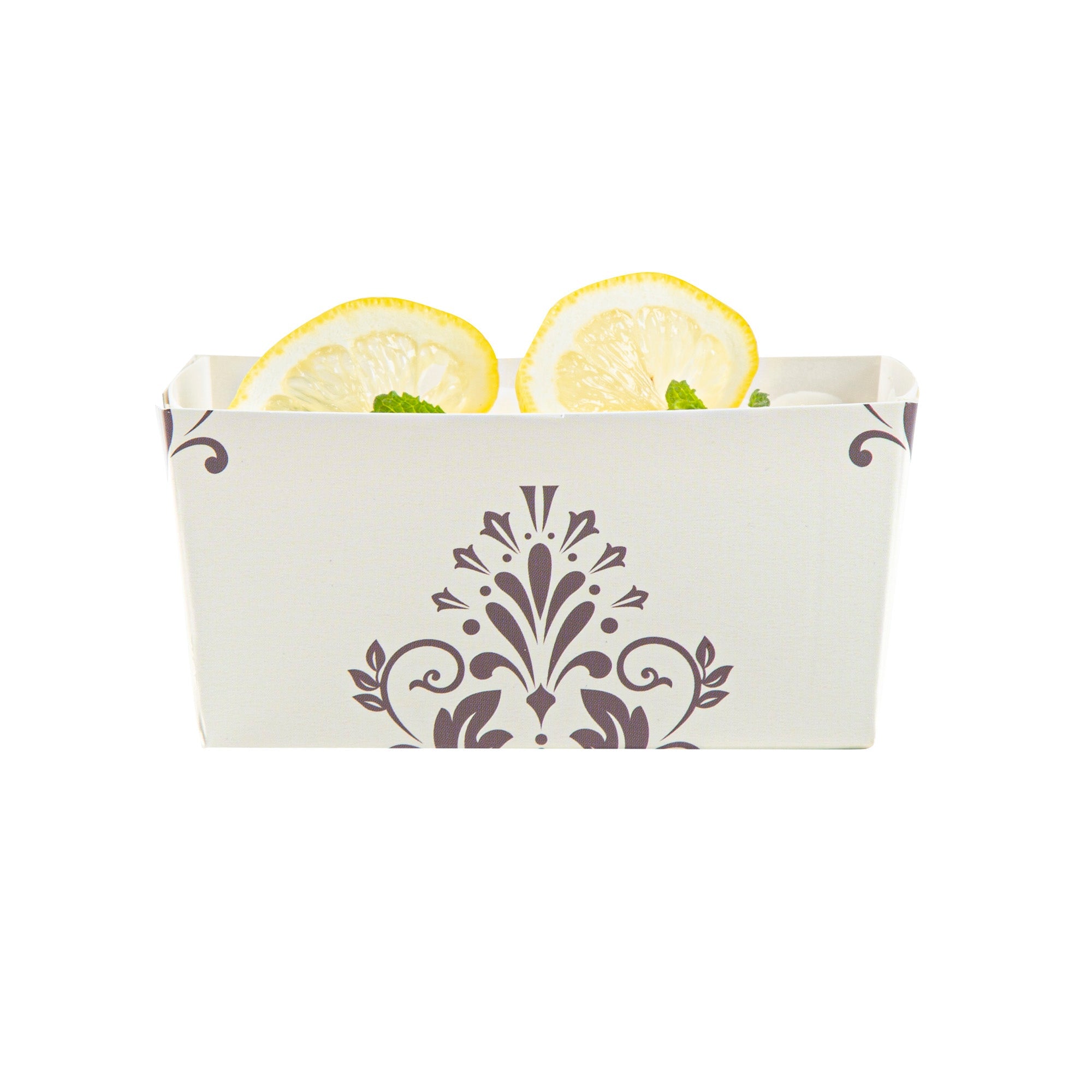 Bake Tek 9 oz Beige Vintage Floral Paper Mini Baking Loaf Pan - Greaseproof - 4" x 2 1/4" x 2" - 100 count box