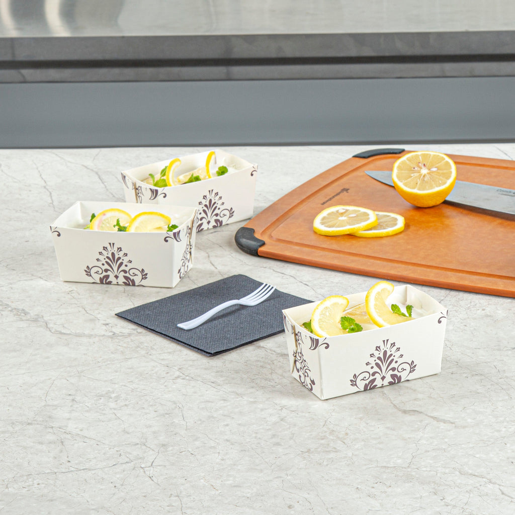 Bake Tek 9 oz Beige Vintage Floral Paper Mini Baking Loaf Pan - Greaseproof - 4" x 2 1/4" x 2" - 100 count box