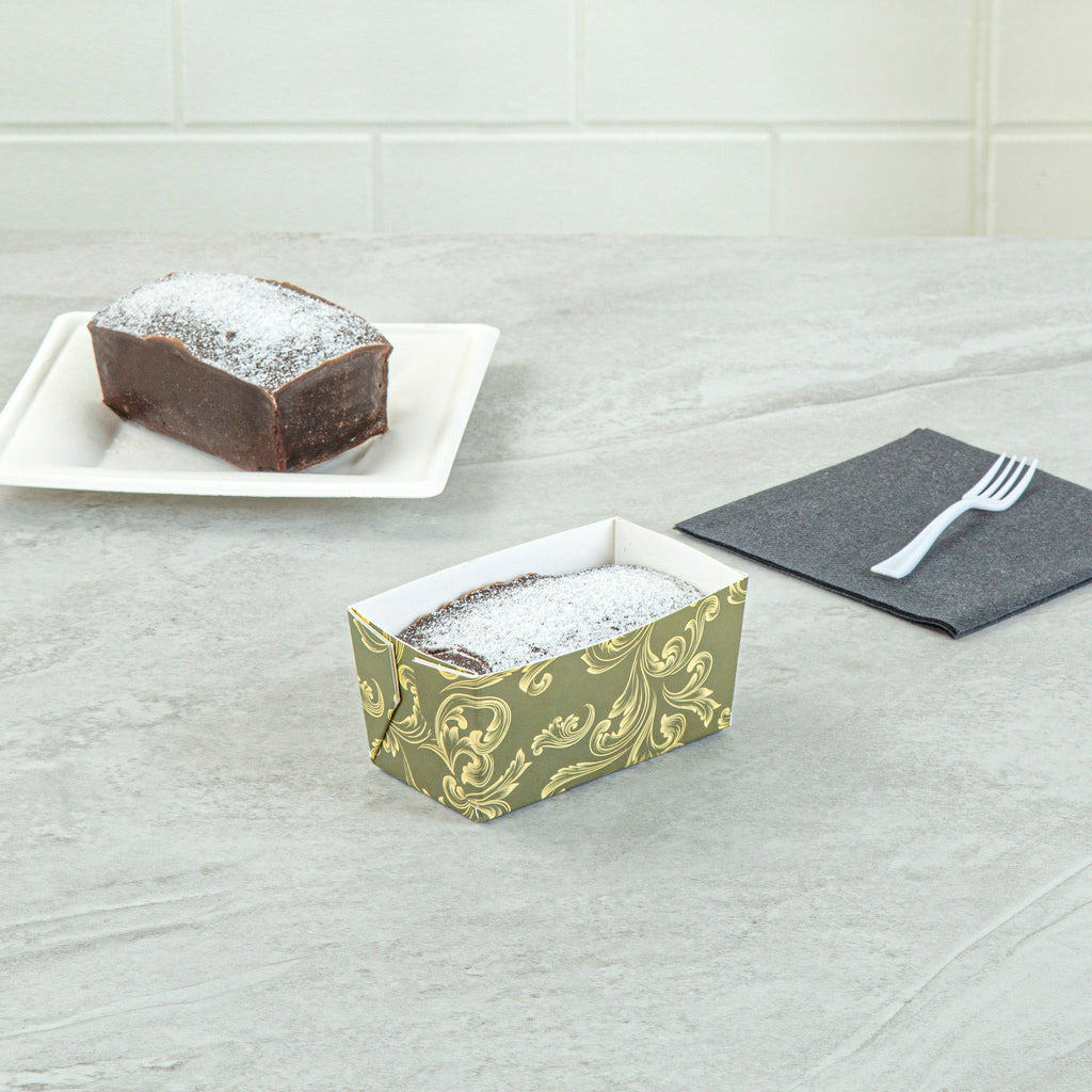 Bake Tek 9 oz Dark Green Vintage Floral Paper Mini Baking Loaf Pan - Greaseproof - 4" x 2 1/4" x 2" - 100 count box