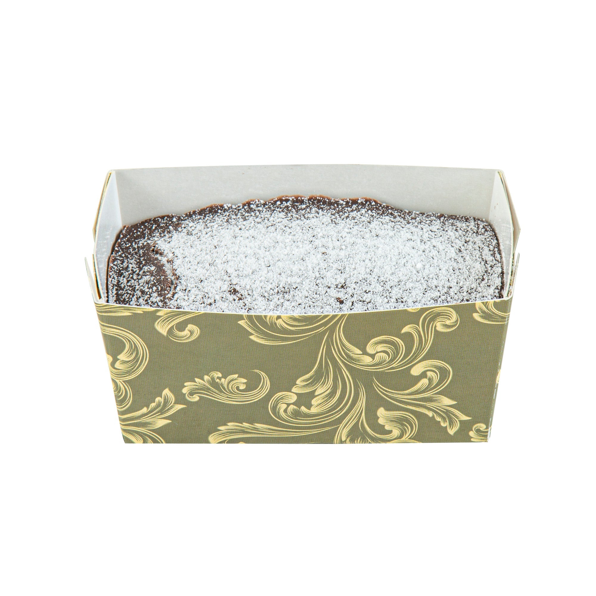 Bake Tek 9 oz Dark Green Vintage Floral Paper Mini Baking Loaf Pan - Greaseproof - 4" x 2 1/4" x 2" - 100 count box