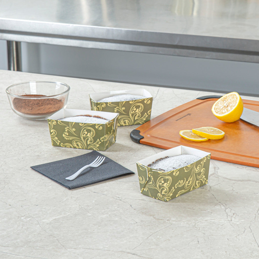 Bake Tek 9 oz Dark Green Vintage Floral Paper Mini Baking Loaf Pan - Greaseproof - 4" x 2 1/4" x 2" - 100 count box